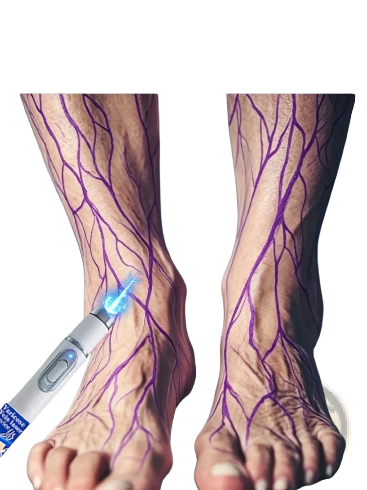 Silver and blue handheld varicose vein relief device with glowing tip for leg vein reduction therapy