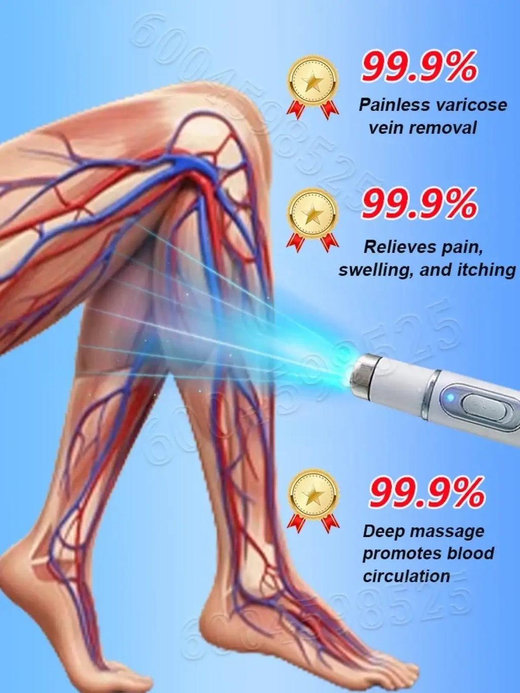 White and silver handheld varicose vein relief device for legs emitting blue light from its tip