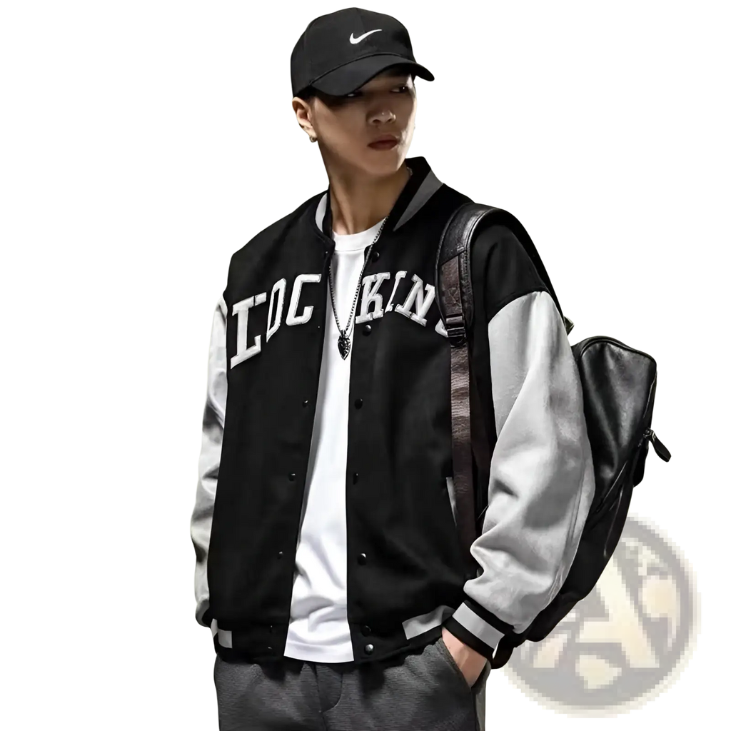 Black and gray varsity jacket with white lettering across the chest korean style loose casual top