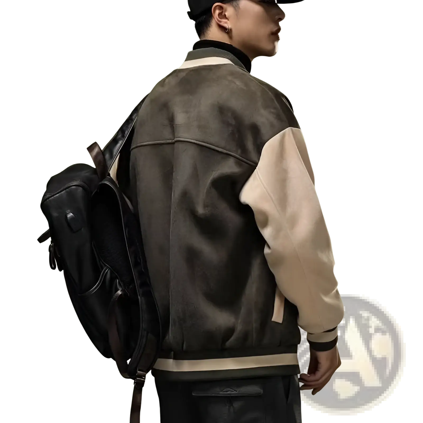 Black leather backpack with adjustable straps and multiple compartments shown with varsity jacket korean style loose casual top