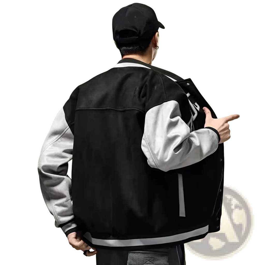 Black and gray varsity jacket Korean style with contrasting sleeves and reflective stripe along the hem for casual wear