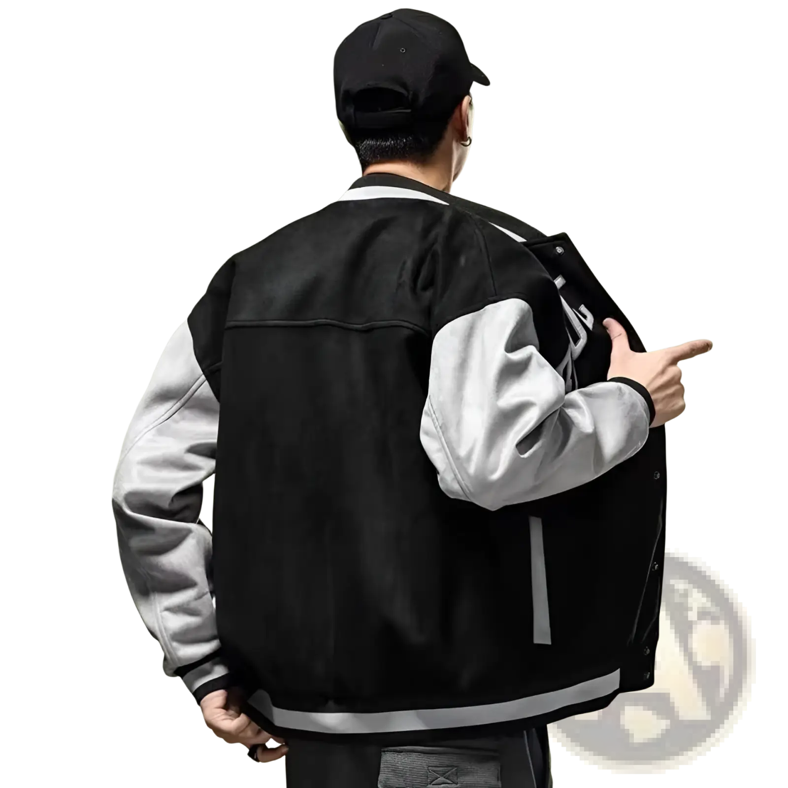 Black and gray varsity jacket Korean style with contrasting sleeves and reflective stripe along the hem for casual wear