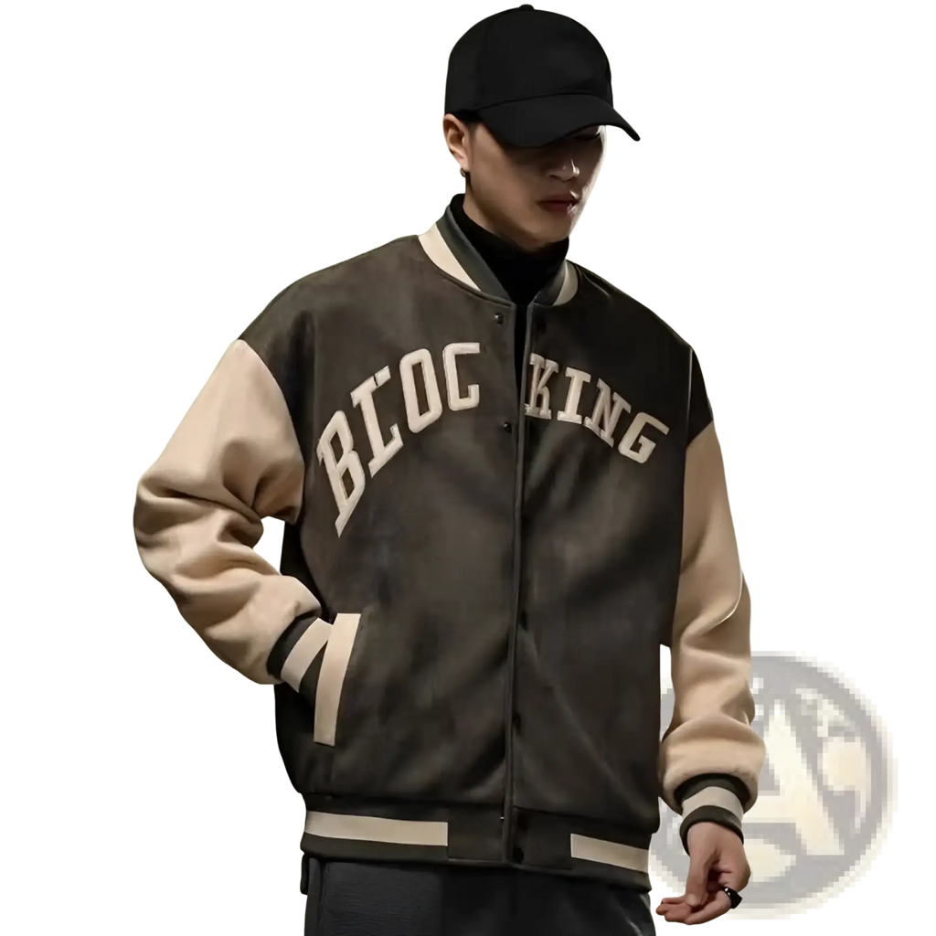 Black and beige varsity jacket Korean style loose casual top with bloc king lettering across the chest