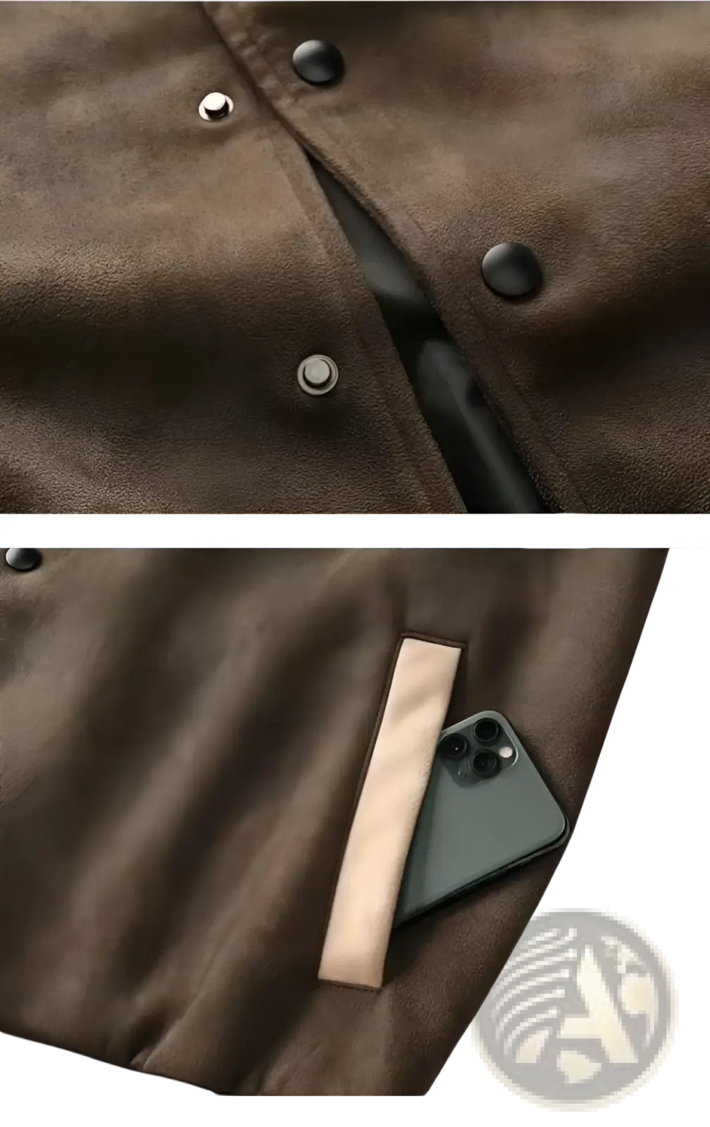 Brown suede varsity jacket korean style loose casual top with black snap buttons and contrasting beige pocket