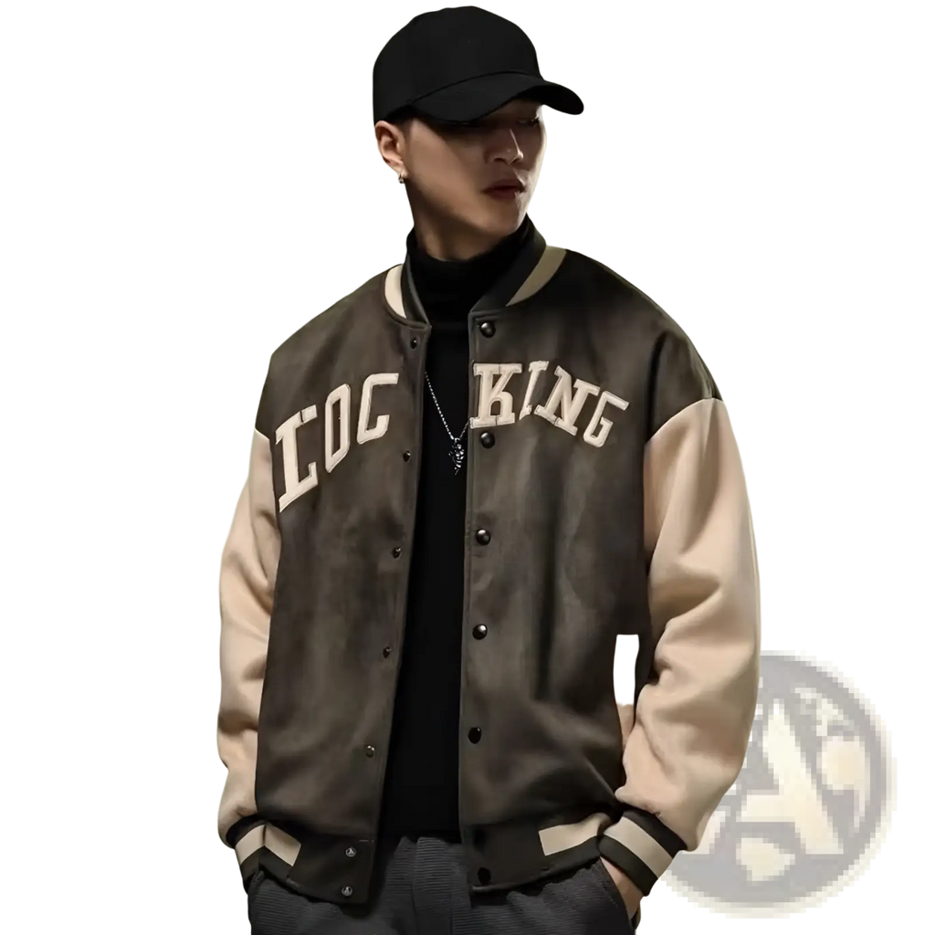 Dark brown and beige varsity jacket with lock king lettering in Korean style loose casual top design