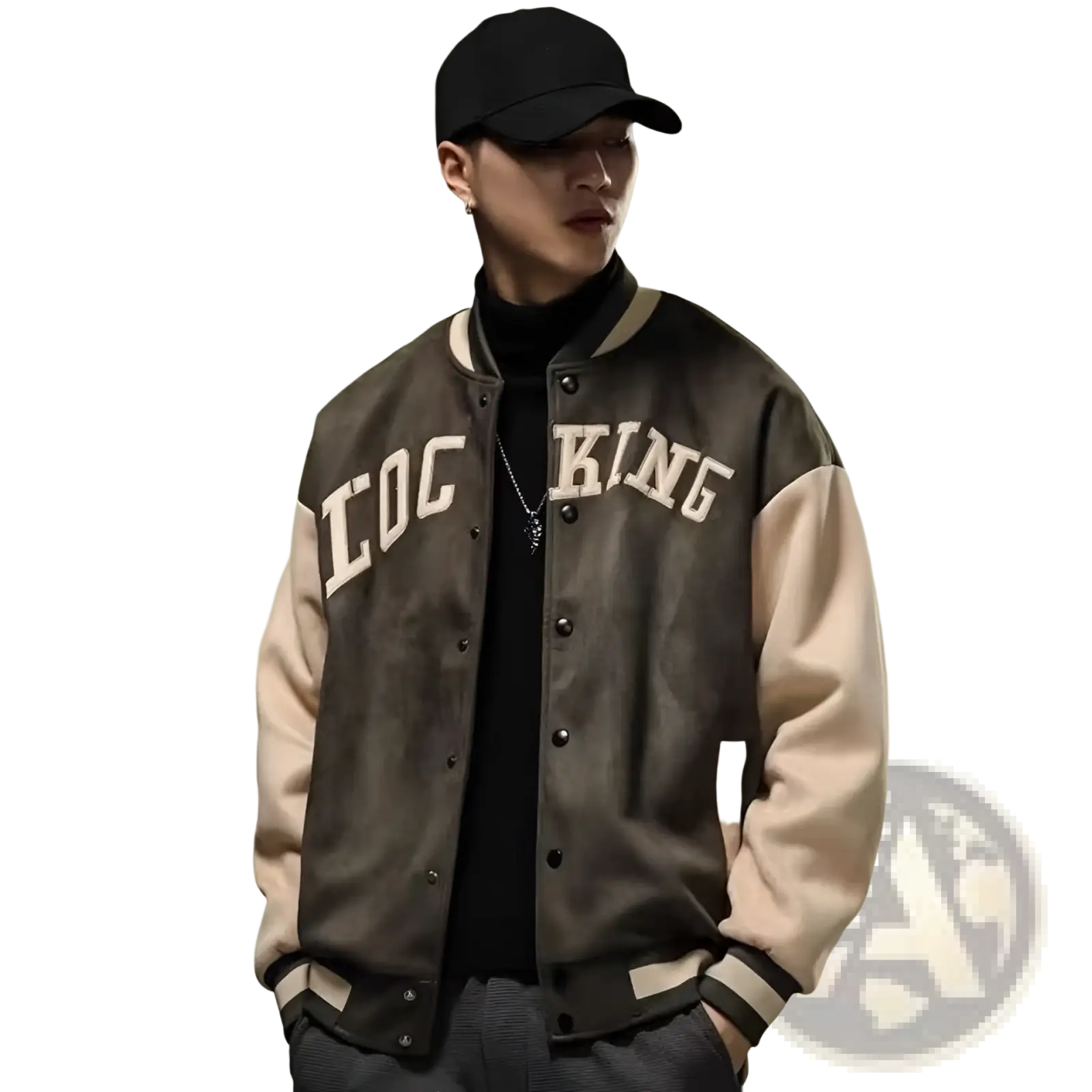 Dark brown and beige varsity jacket with lock king lettering in Korean style loose casual top design