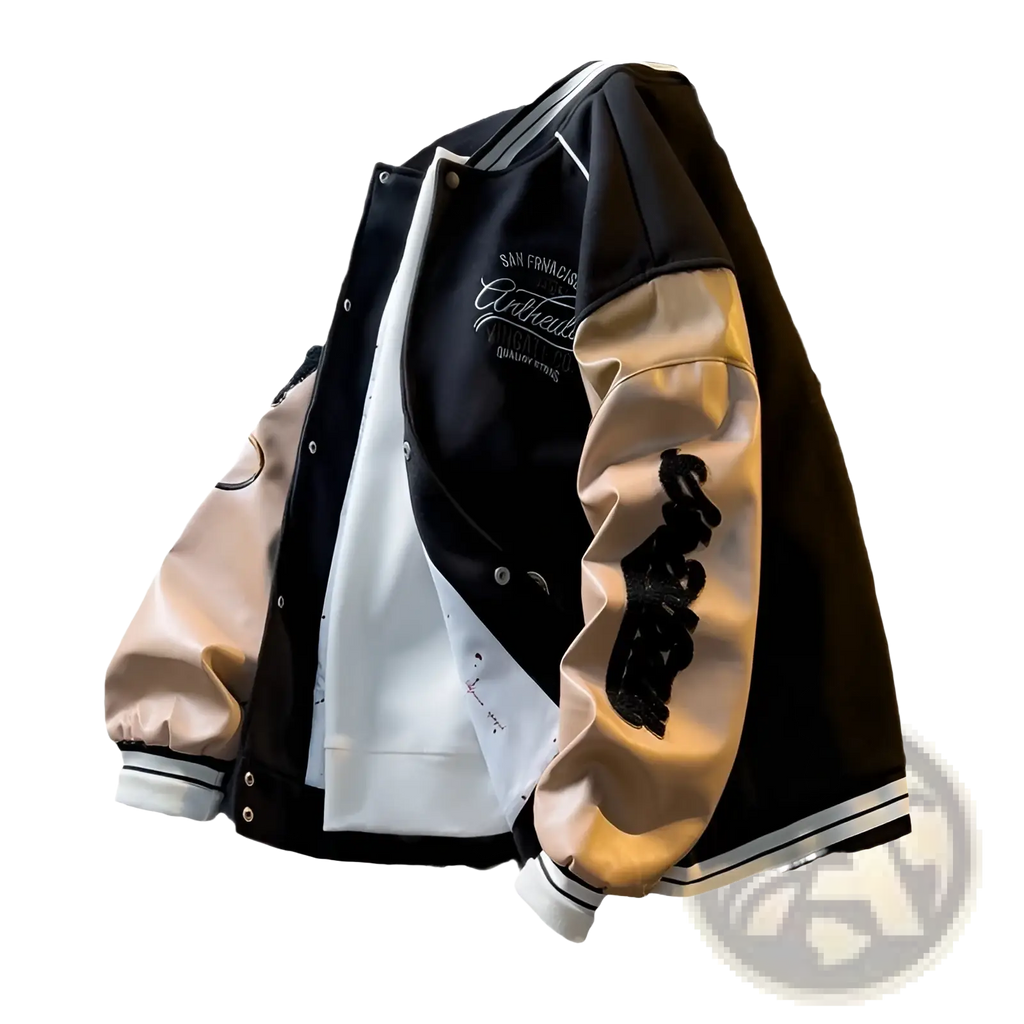 Black and beige varsity leather sleeve coat with white trim embroidered text on chest and black lettering on sleeve
