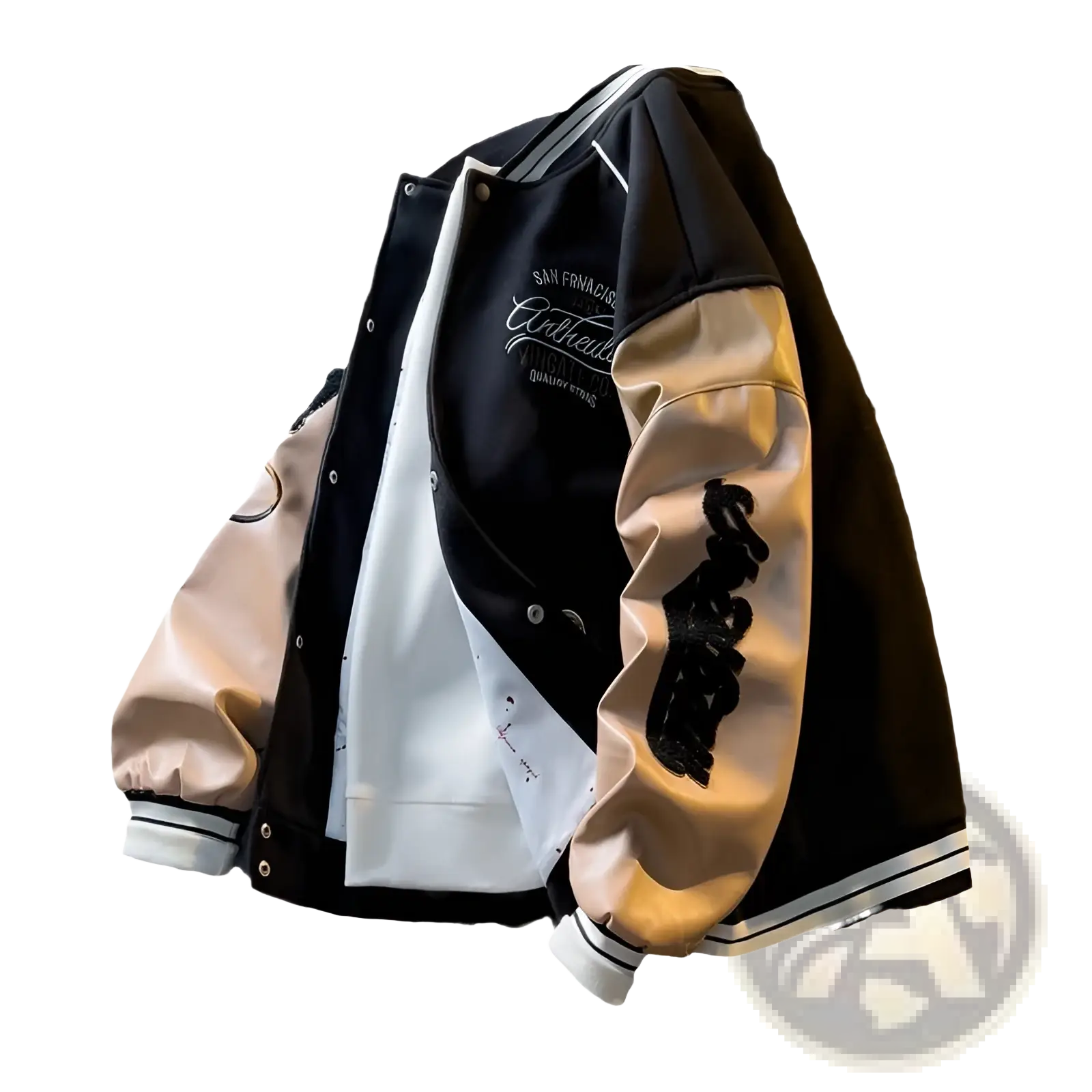 Black and beige varsity leather sleeve coat with white trim embroidered text on chest and black lettering on sleeve