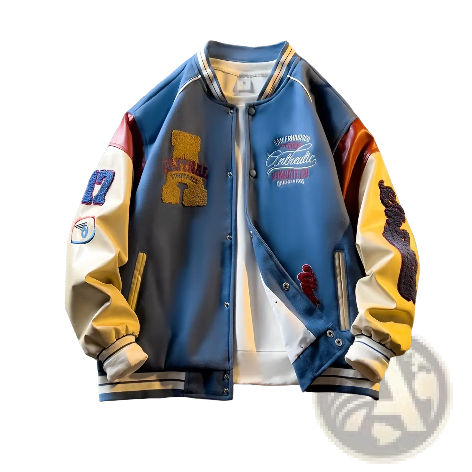 Blue and yellow varsity leather sleeve coat with embroidered patches and classic slim fit bomber design