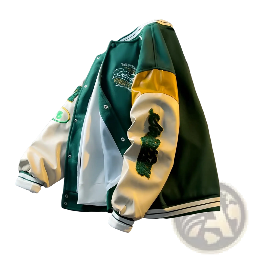 Green and cream varsity leather sleeve coat slim fit with yellow accents and embroidered deer patch on the arm