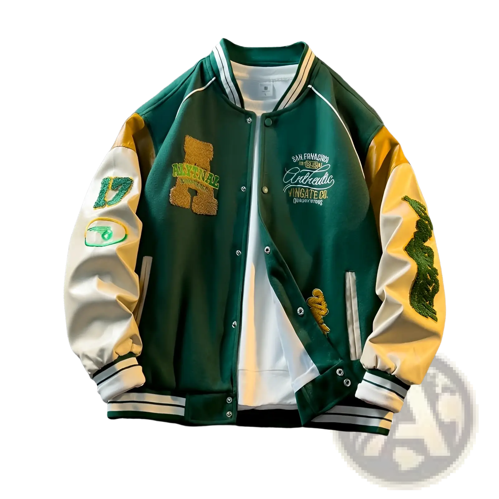 Green and cream varsity leather sleeve coat embroidered slim fit with patches lettering and contrasting white lining