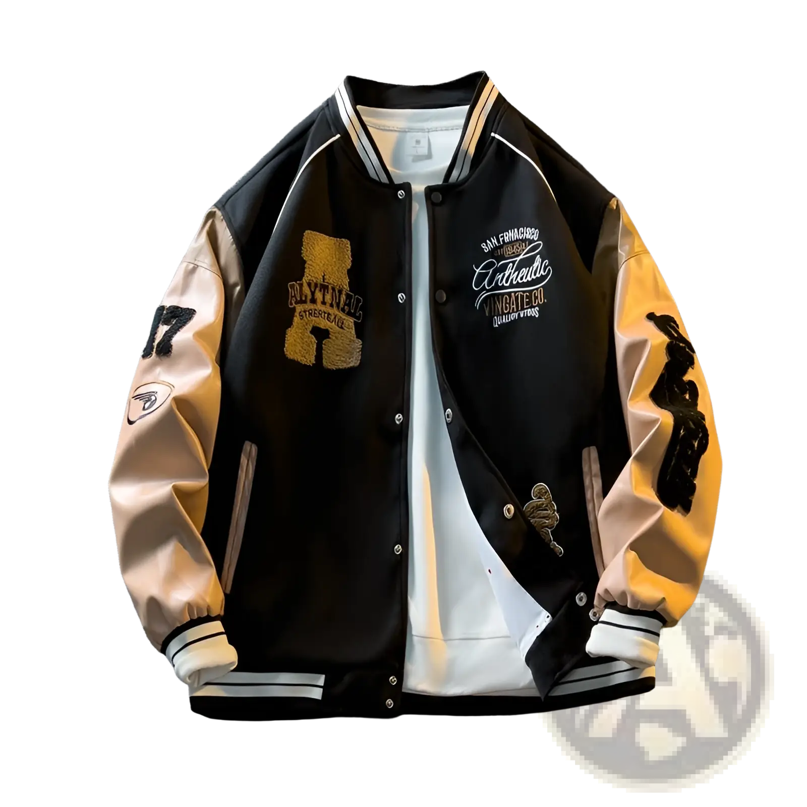 Black and tan varsity leather sleeve coat with embroidered patches button closures and ribbed cuffs in slim fit