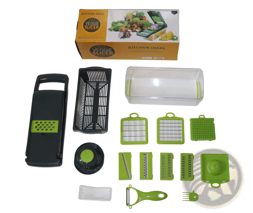 Green and black vegetable chopper 13 in 1 mandoline slicer with multiple interchangeable blades for versatile slicing
