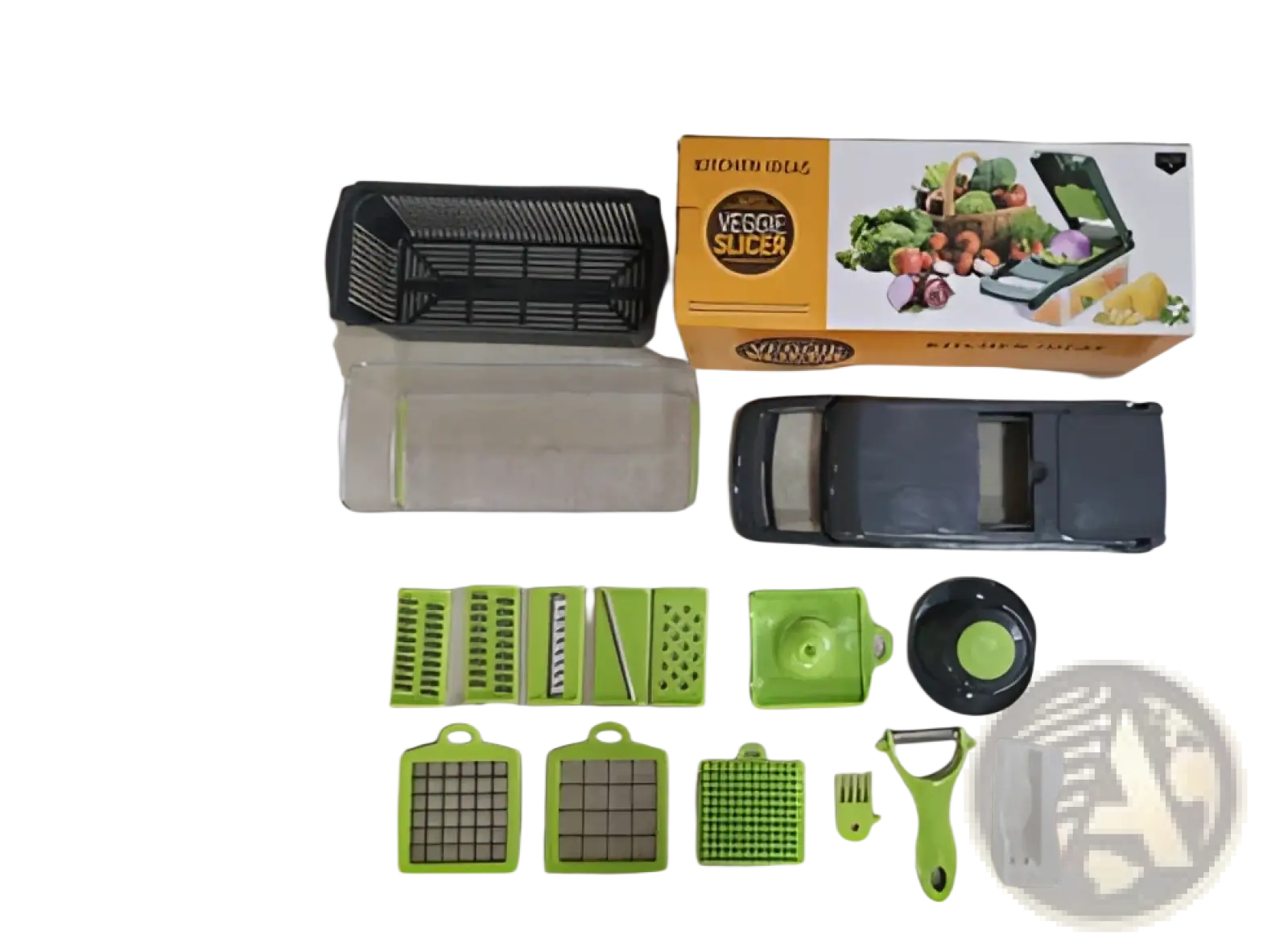 Green and black kitchen vegetable chopper 13 in 1 mandoline slicer with multiple interchangeable blades for slicing
