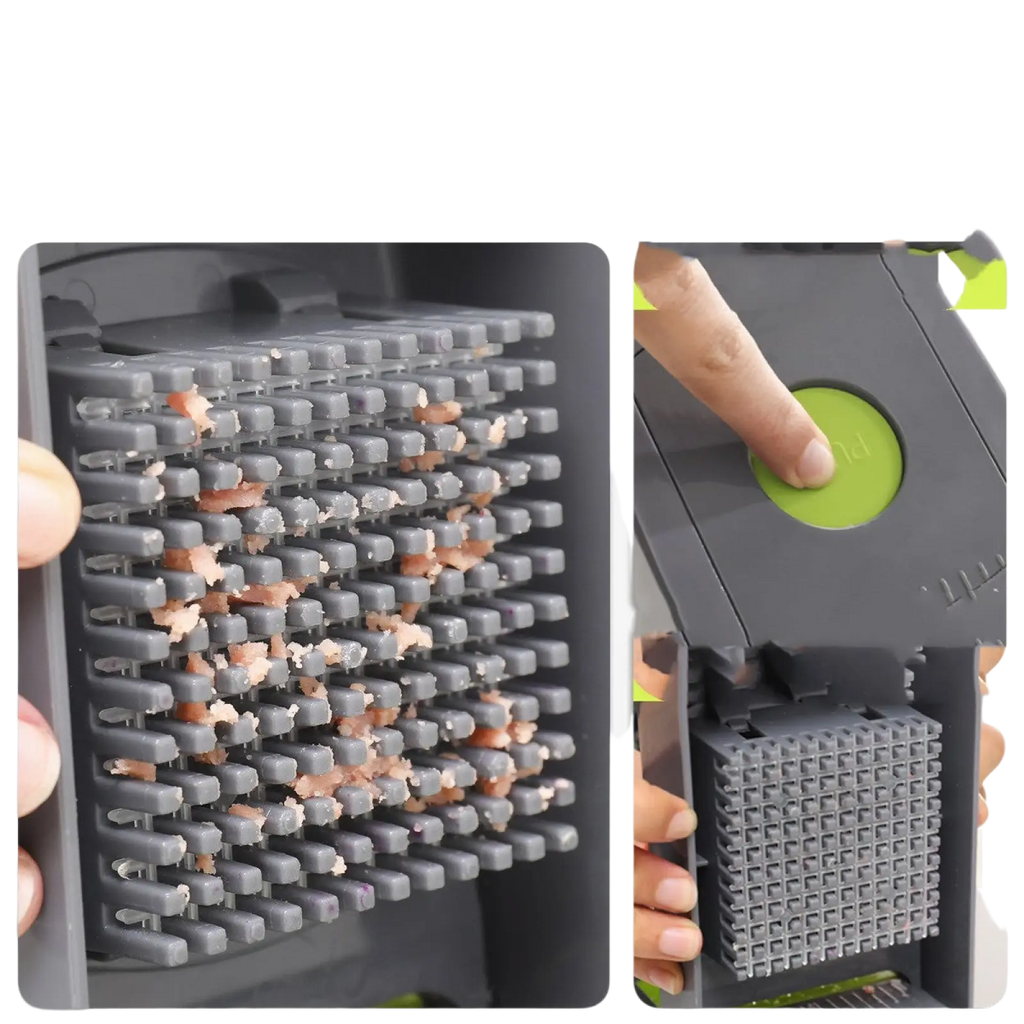 Gray plastic vegetable chopper with a green circular button and multiple rows of square blades for slicing