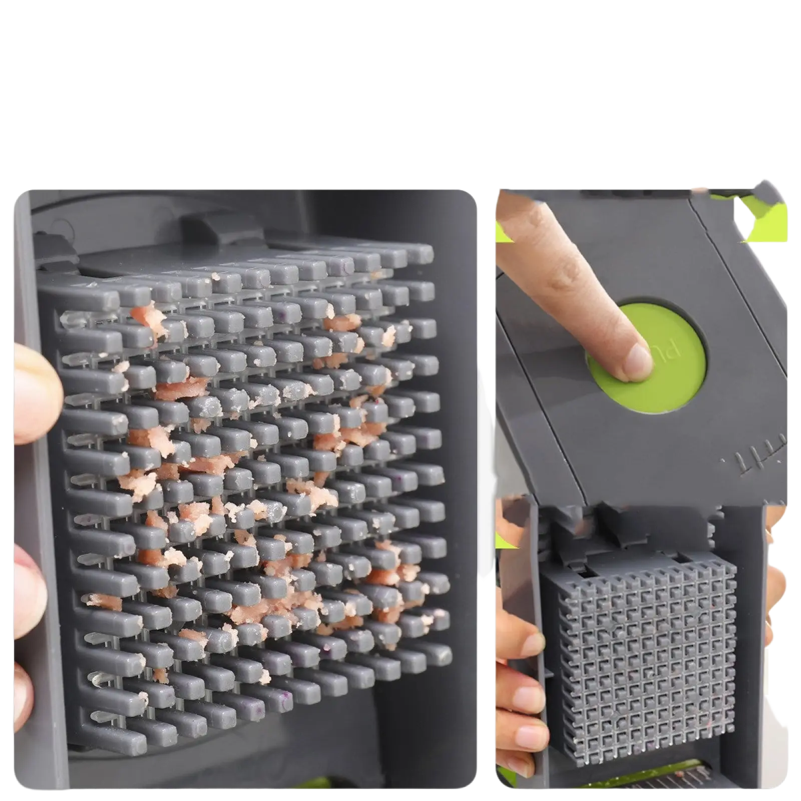 Gray plastic vegetable chopper with a green circular button and multiple rows of square blades for slicing