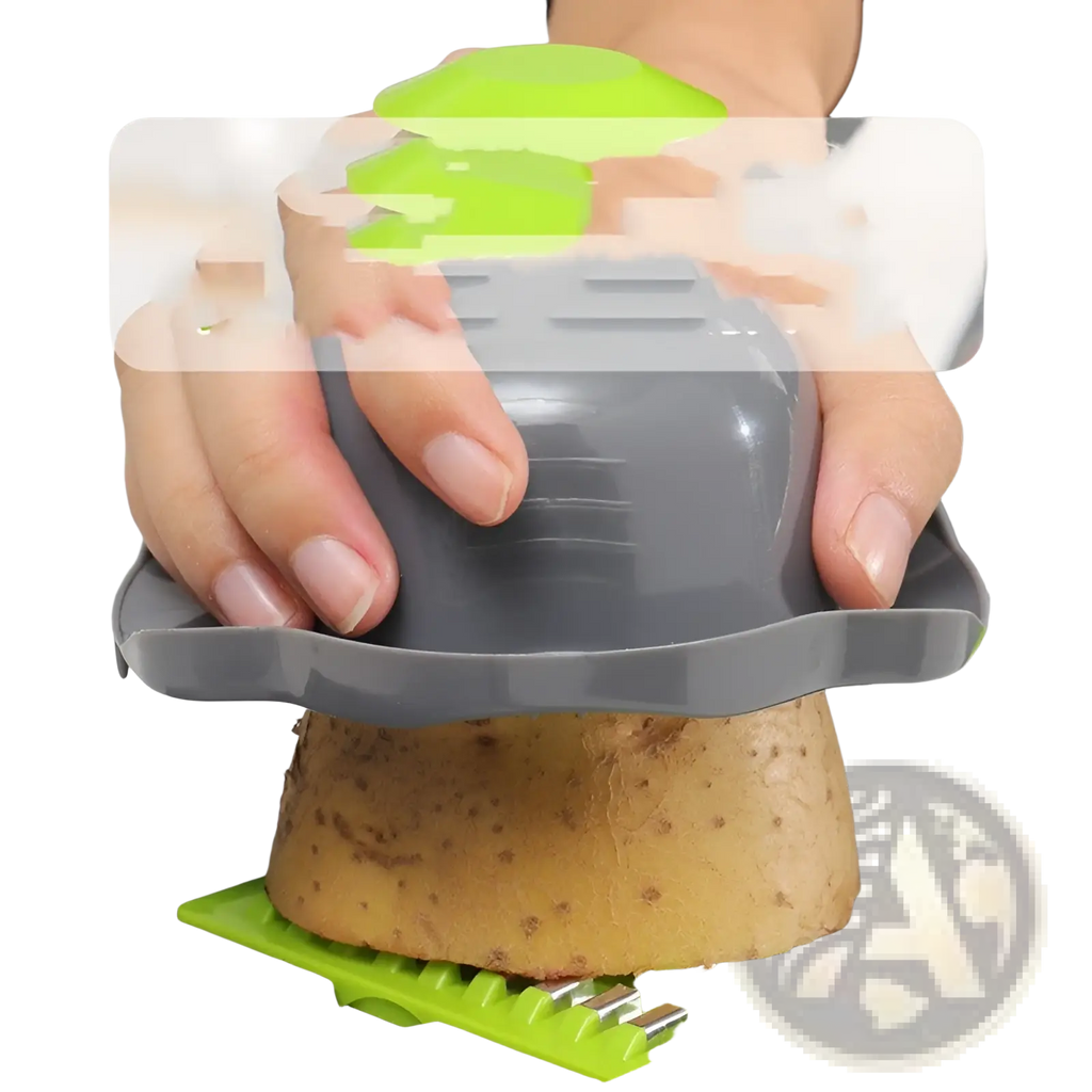 Gray and green vegetable chopper 13 in 1 mandoline slicer with blades slicing a potato for versatile kitchen use
