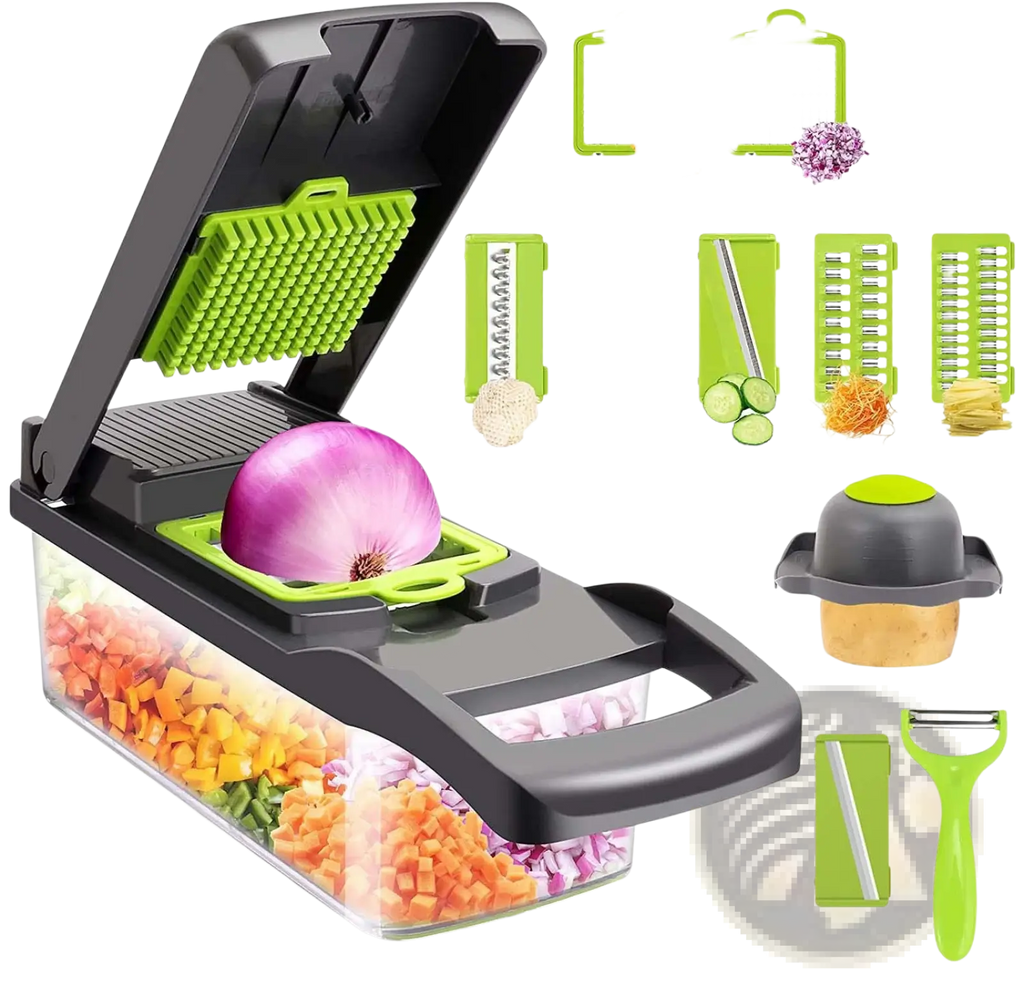 Black and green multi-functional vegetable chopper 13 in 1 mandoline slicer with interchangeable blades for slicing and peeling