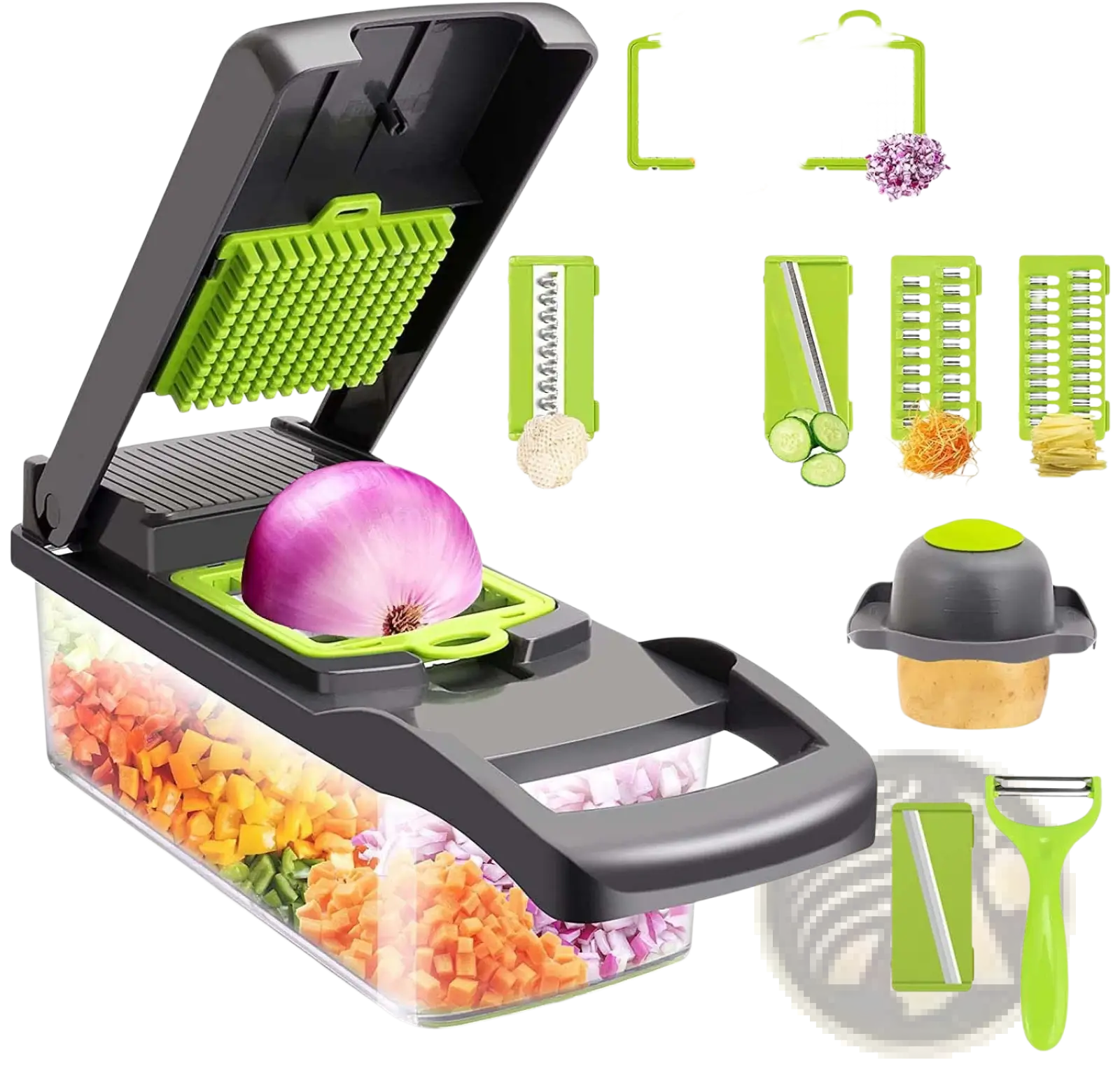 Black and green multi-functional vegetable chopper 13 in 1 mandoline slicer with interchangeable blades for slicing and peeling