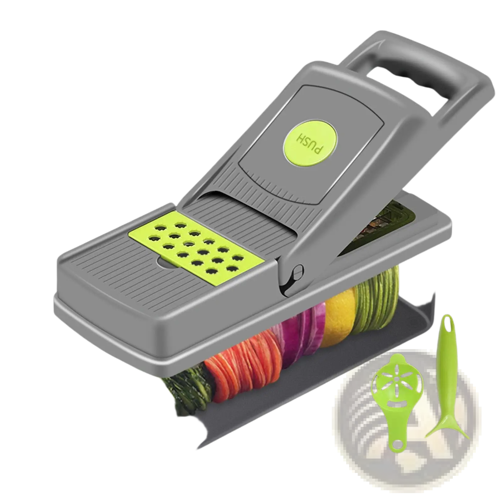 Gray and lime green vegetable chopper 13 in 1 mandoline slicer with interchangeable blades for precise cutting