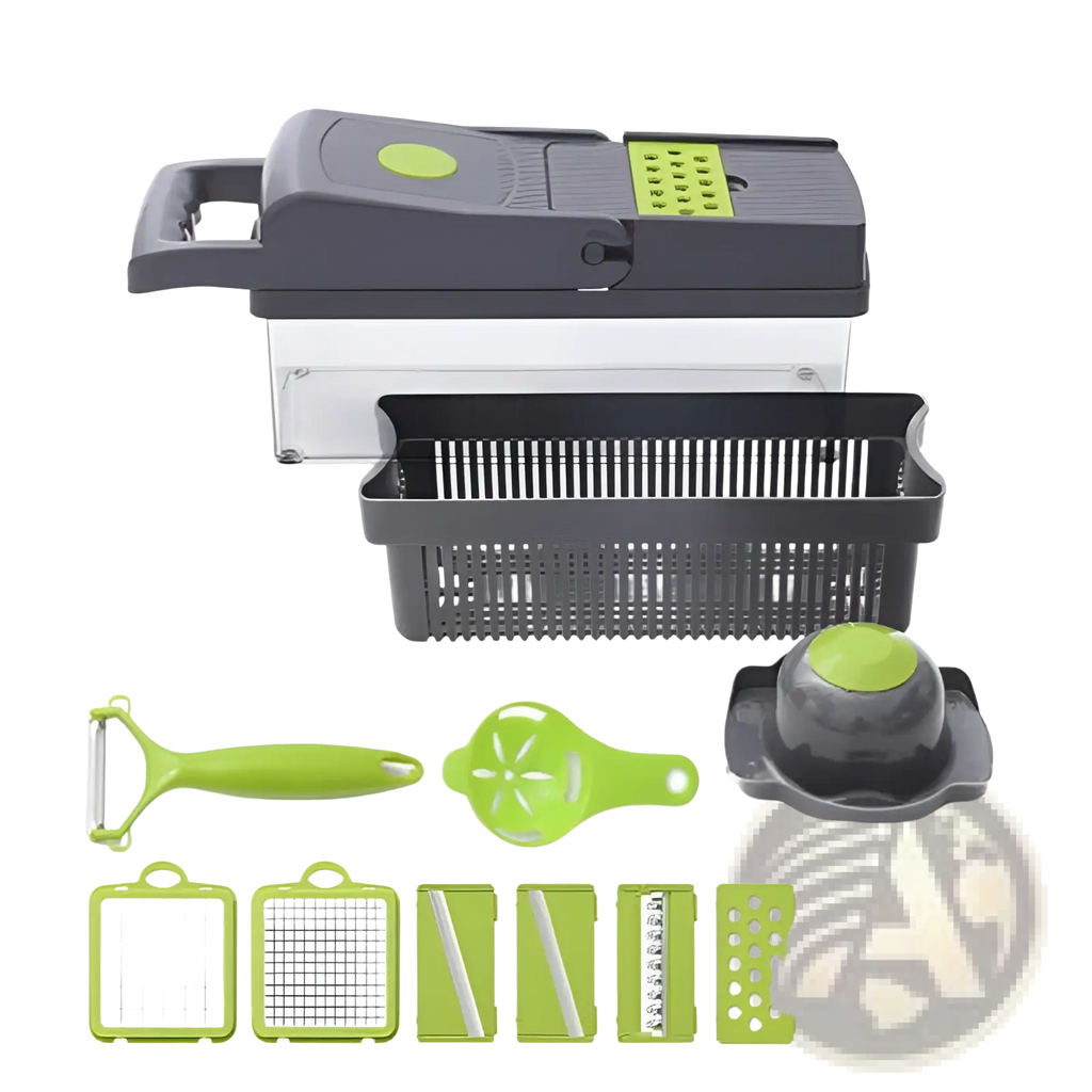 Green and black 13 in 1 mandoline vegetable slicer with interchangeable blades for multi functional chopping and slicing