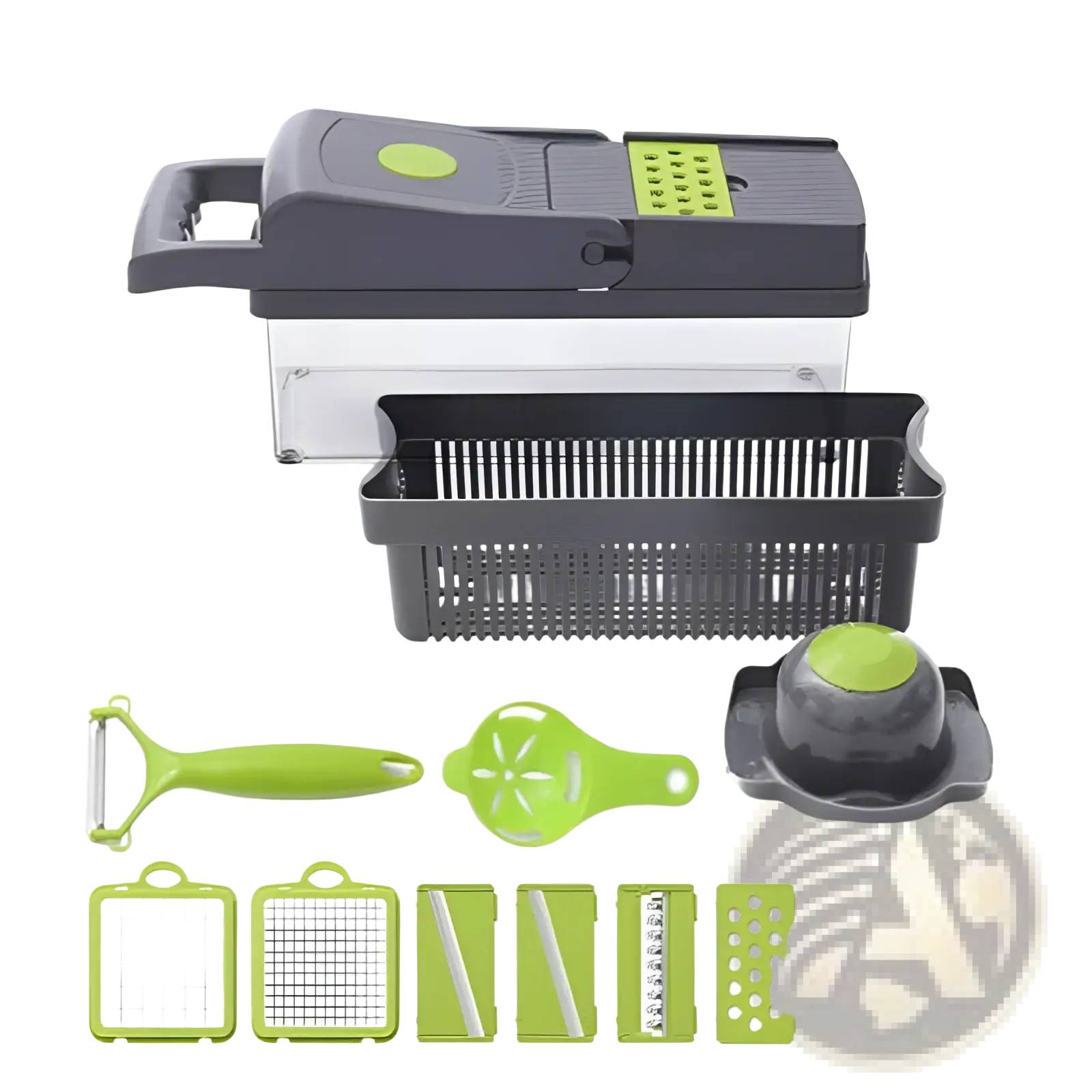 Green and black 13 in 1 mandoline vegetable slicer with interchangeable blades for multi functional chopping and slicing