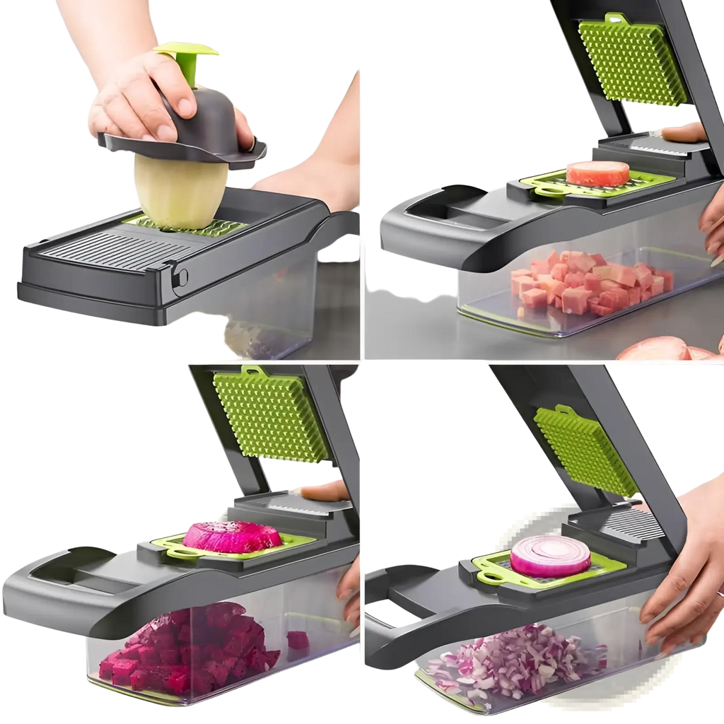 Black and green multi-function 13 in 1 vegetable chopper mandoline slicer with interchangeable blades for dicing grating and julienning