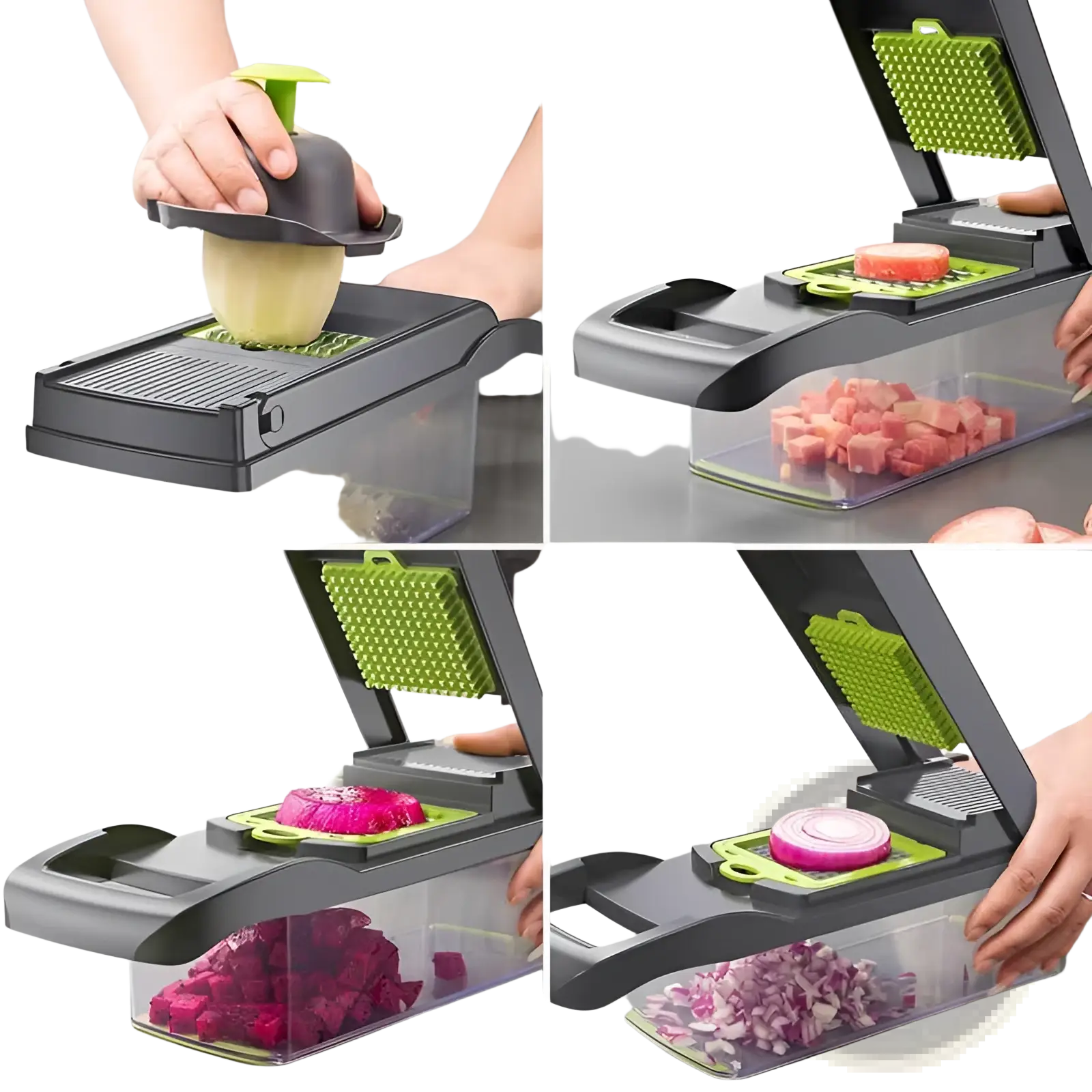 Black and green multi-function 13 in 1 vegetable chopper mandoline slicer with interchangeable blades for dicing grating and julienning