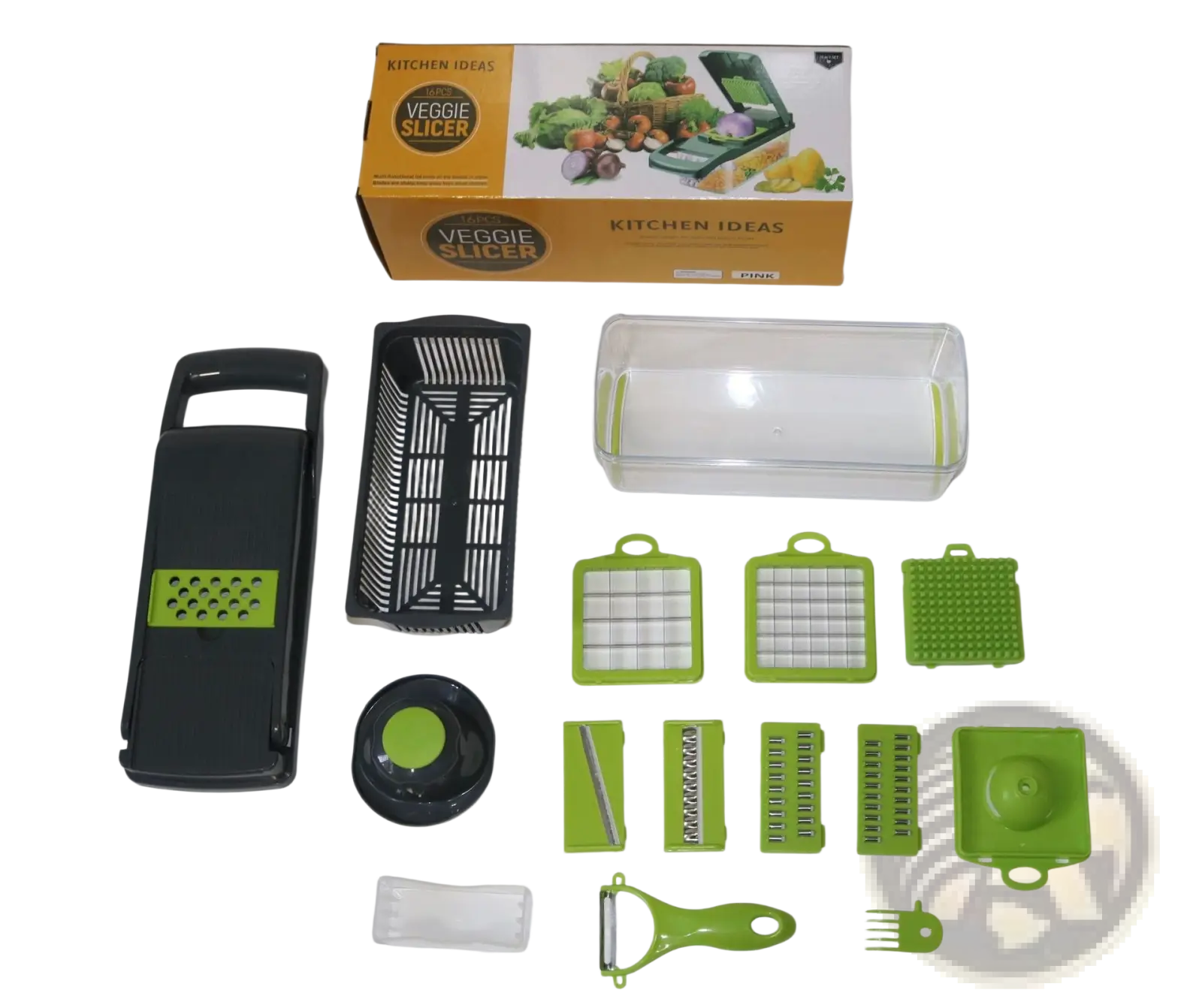 Vegetable chopper 13 in 1 mandoline slicer in green and black with multiple interchangeable blades for slicing veggies