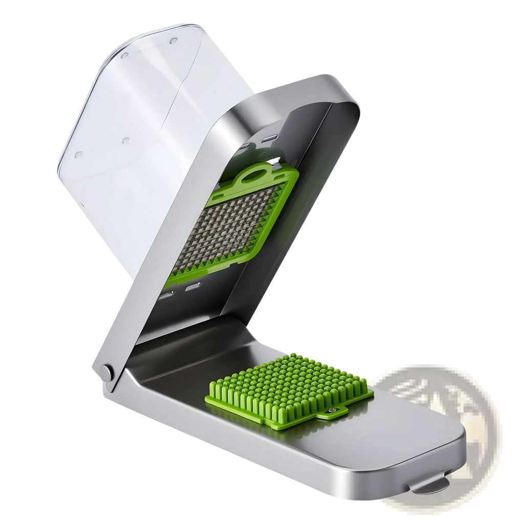 Vegetable chopper with stainless steel base, clear plastic lid, and interchangeable green silicone blades for chopping