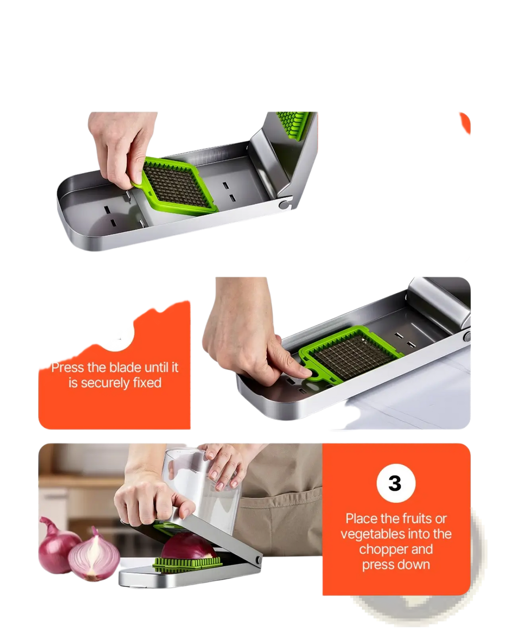 Green and silver stainless steel vegetable chopper with three interchangeable blades and container for efficient chopping