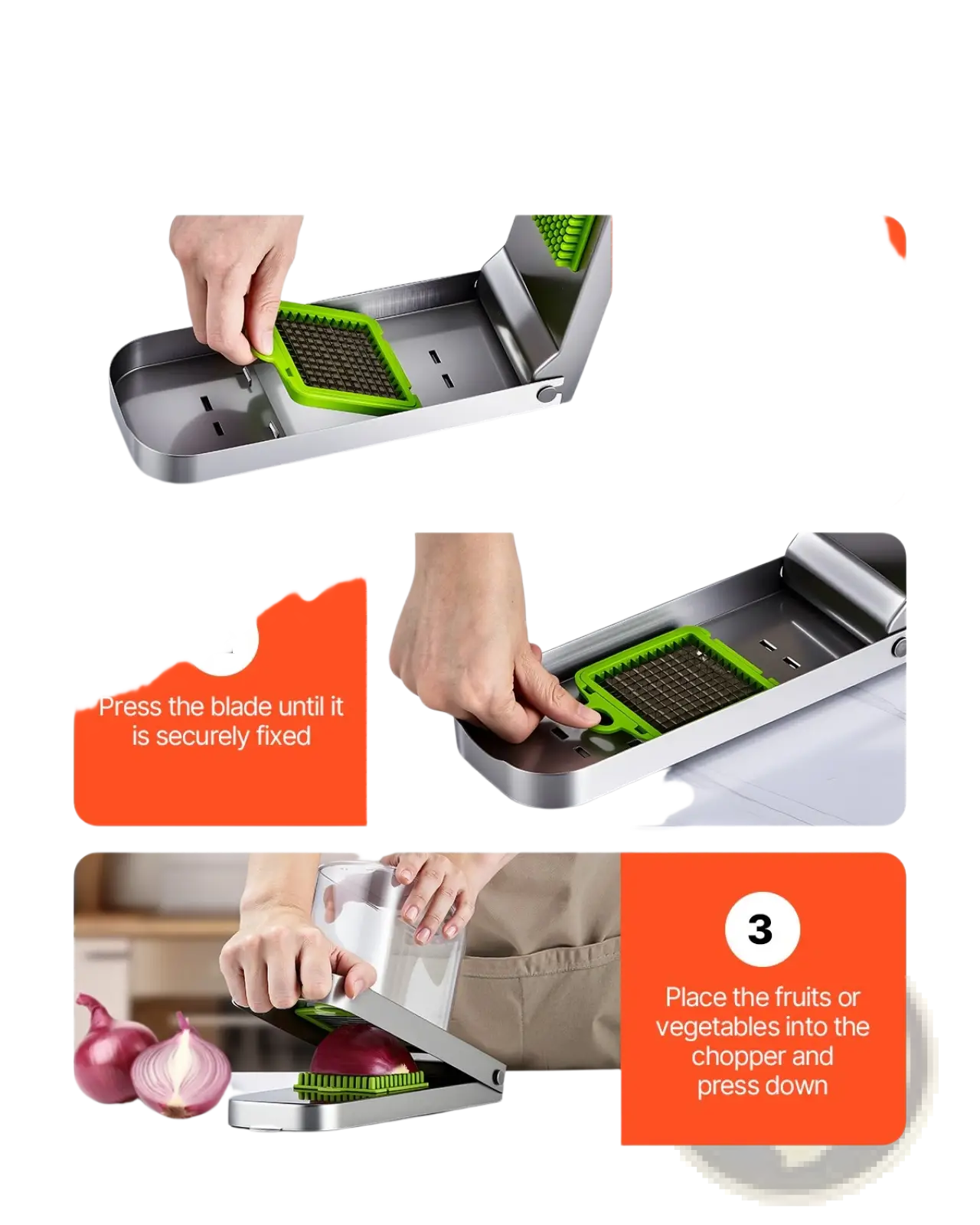 Green and silver stainless steel vegetable chopper with three interchangeable blades and container for efficient chopping