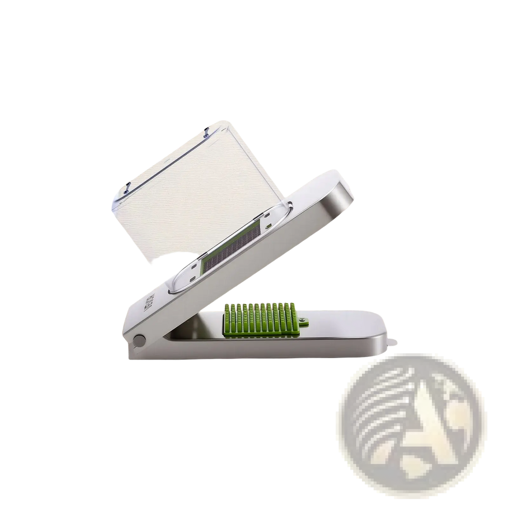 Vegetable chopper with three stainless steel blades in silver and green with container for efficient slicing