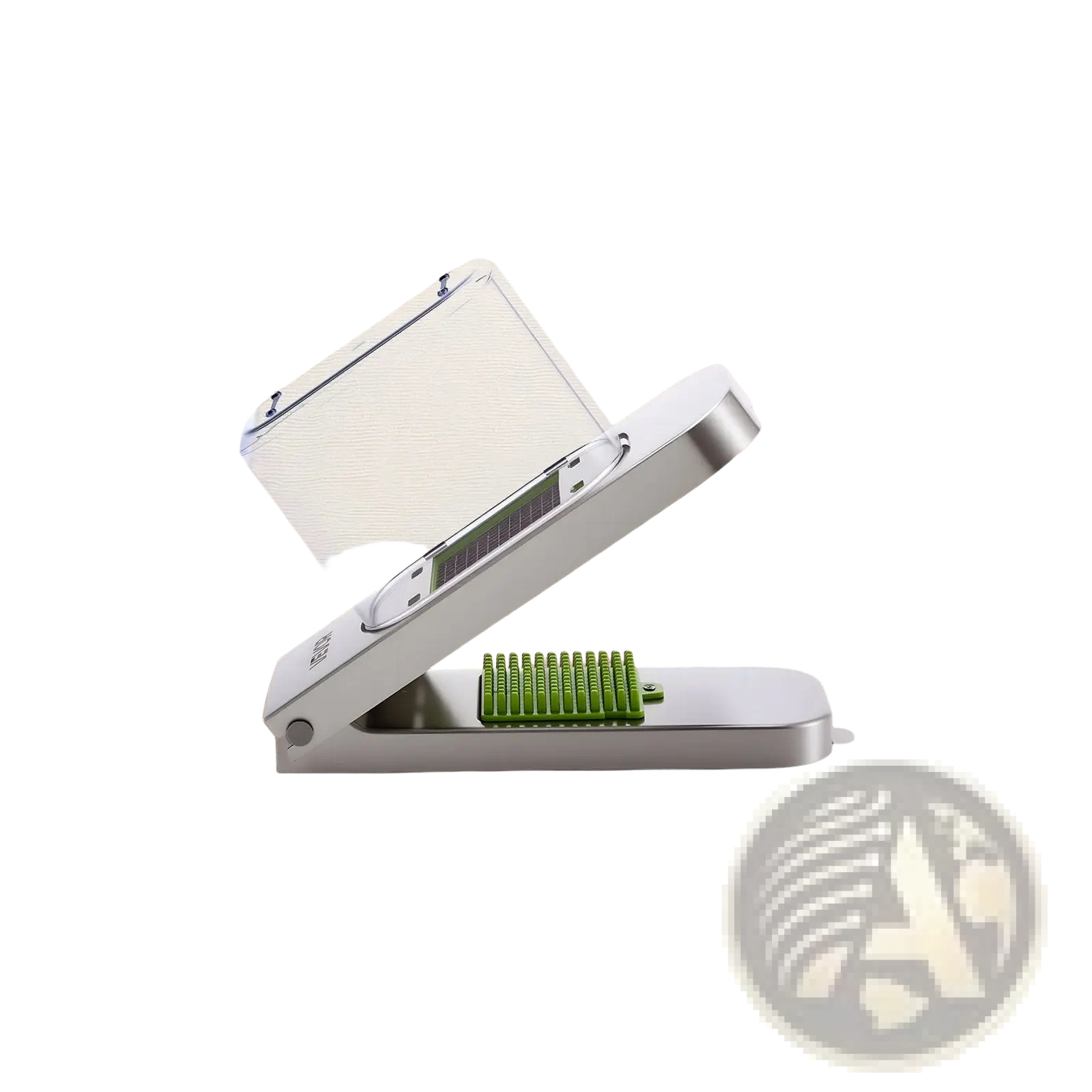 Vegetable chopper with three stainless steel blades in silver and green with container for efficient slicing