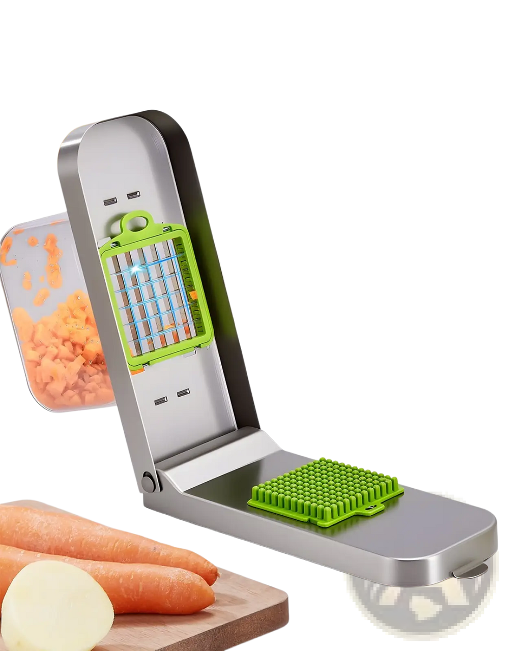 Silver and green multifunctional vegetable chopper with three stainless steel blades and a non-stick sharp cutting blade for efficient food prep