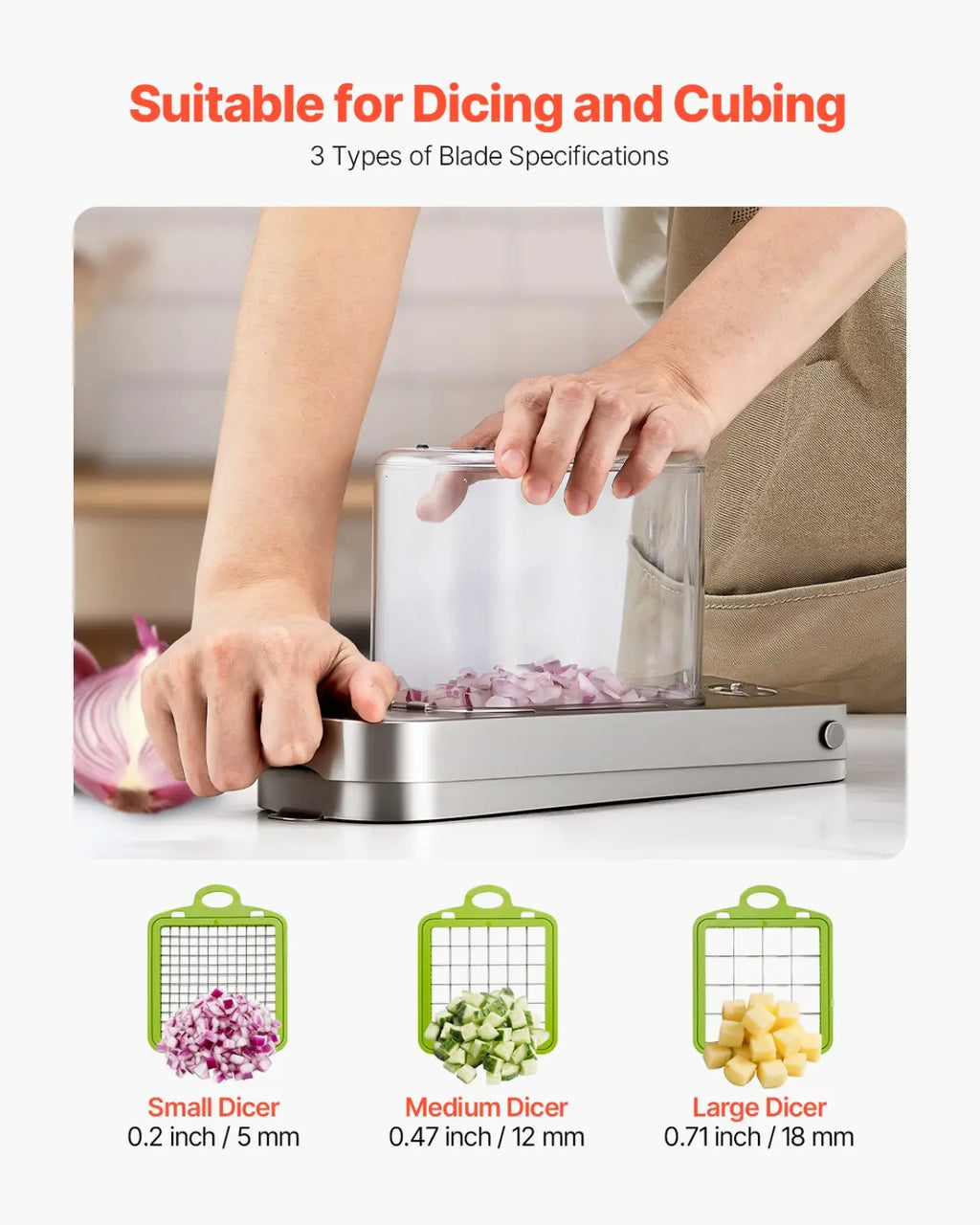 Silver electric vegetable chopper with three stainless steel blades and container for precise slicing and cubing