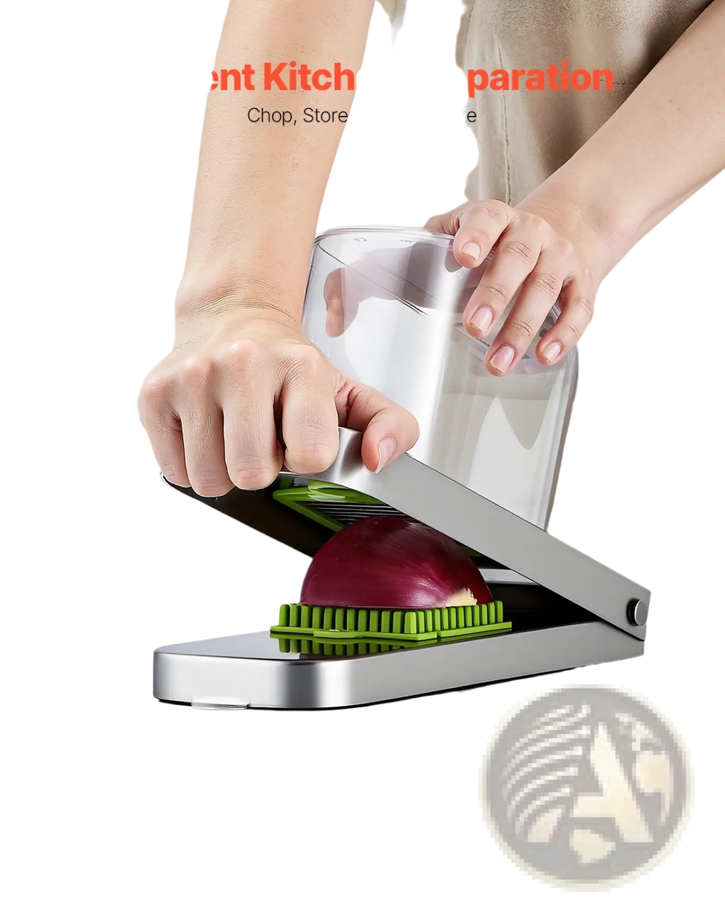 Vegetable chopper with three stainless steel blades green cutting blade and transparent storage container