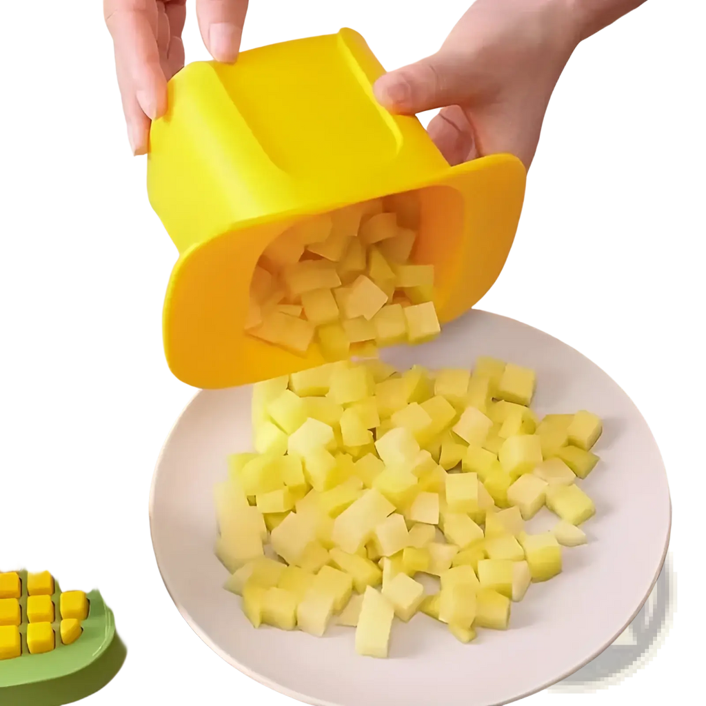 Bright yellow silicone vegetable chopper with square grid design for manual fruit and potato slicing