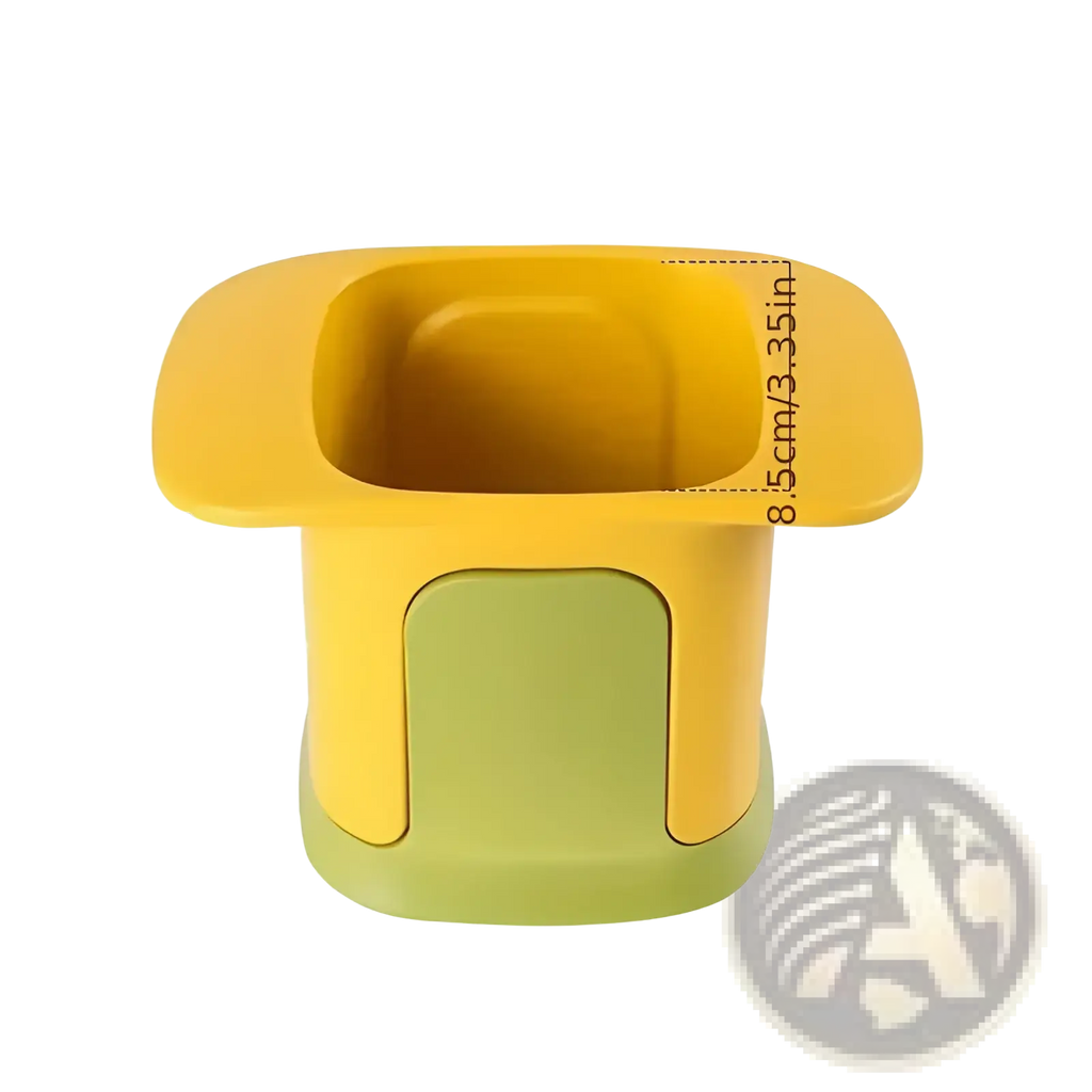 Yellow and green plastic vegetable chopper and manual fruit slicer tool with a rectangular baby bottle holder opening