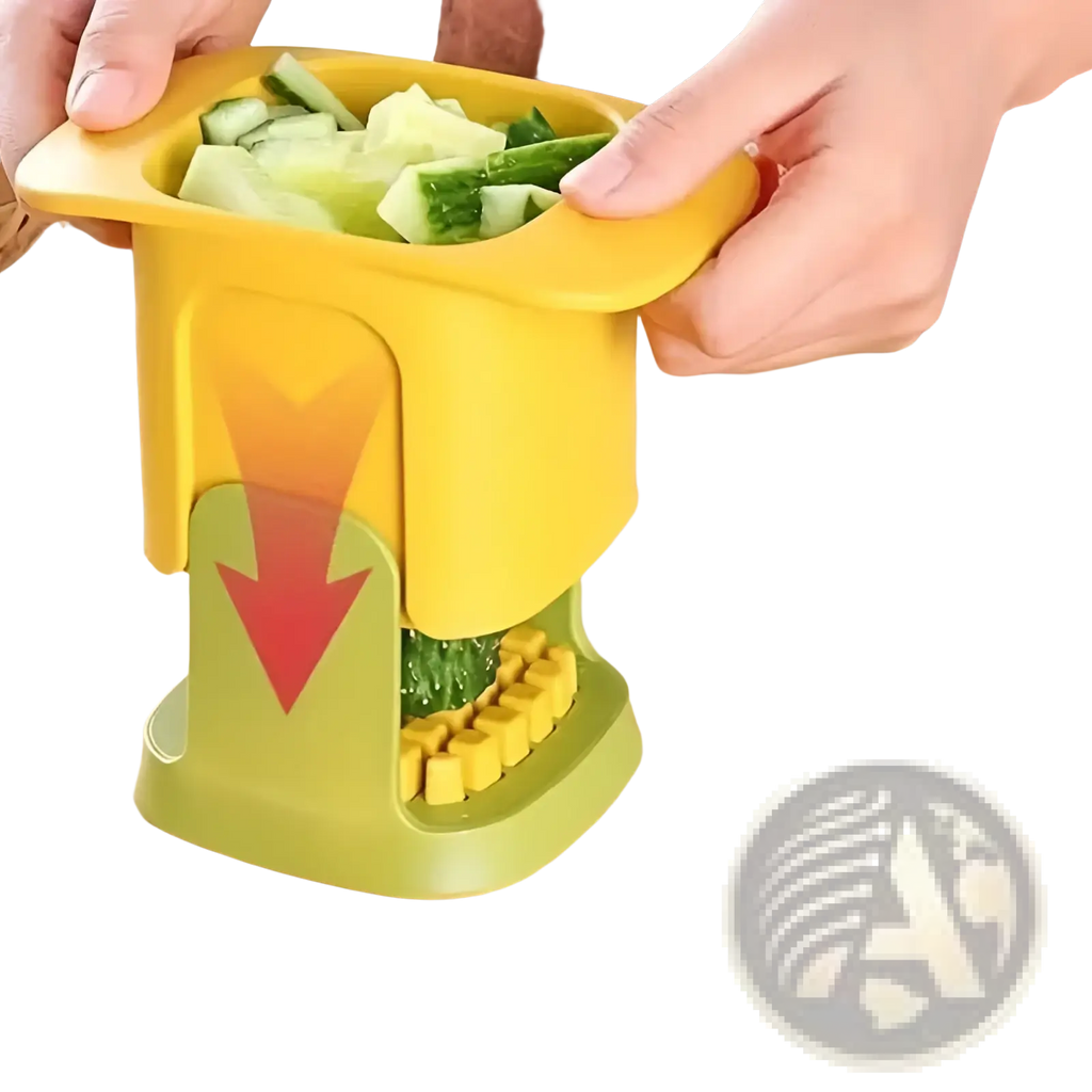 Yellow and green vegetable chopper and manual fruit slicer tool with red arrow graphic on the side