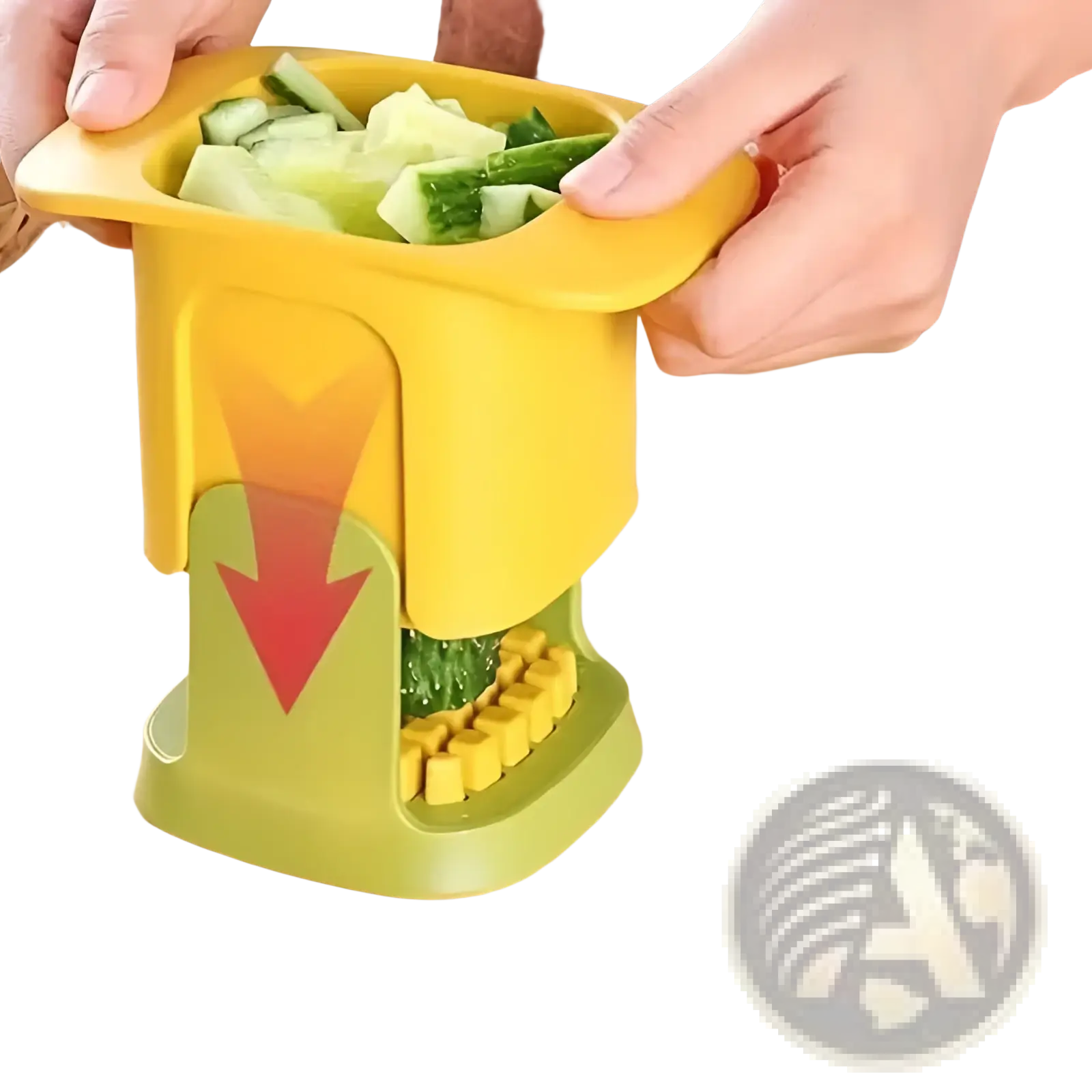 Yellow and green vegetable chopper and manual fruit slicer tool with red arrow graphic on the side