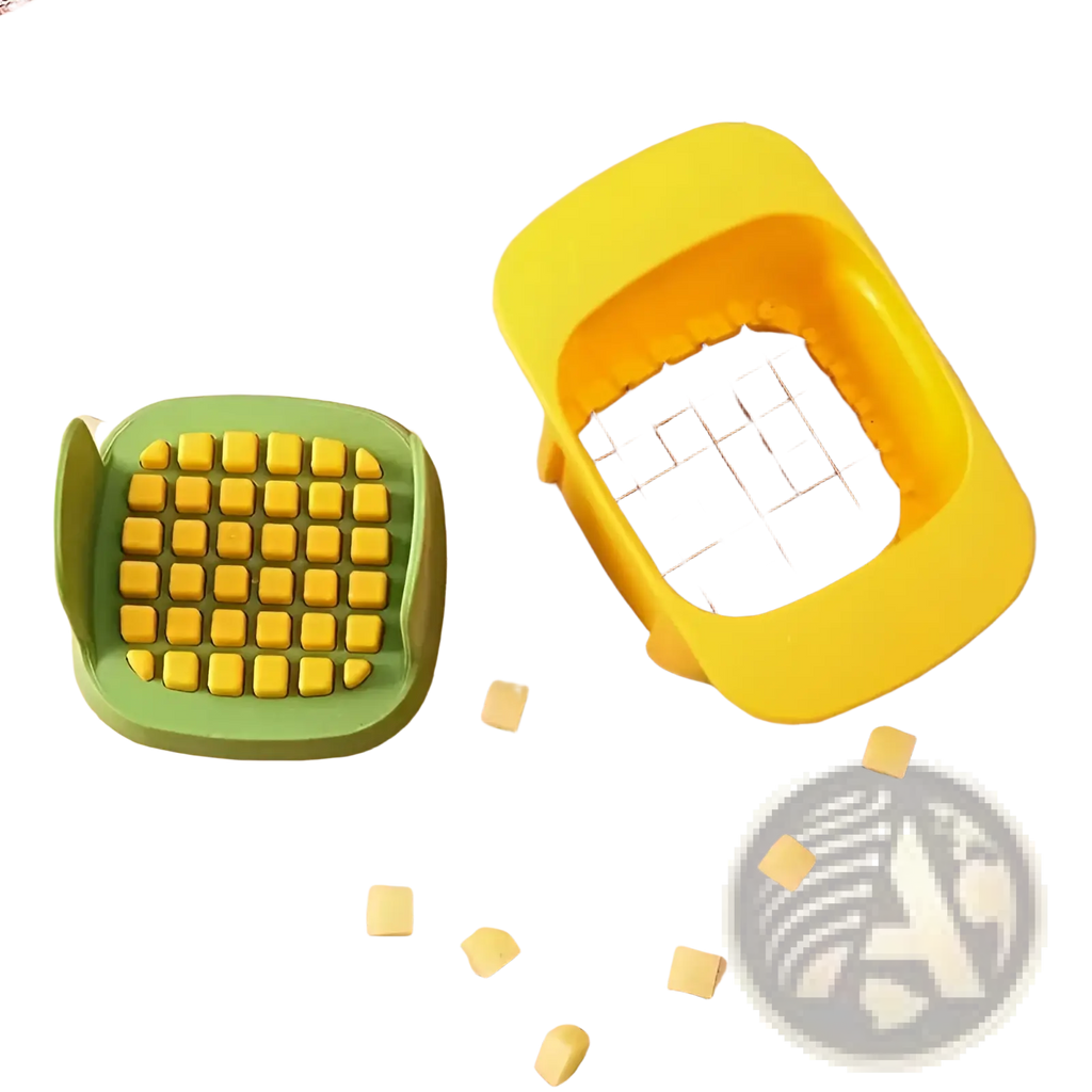 Yellow and green square vegetable chopper with metal blade grid for manual fruit slicing and dicing