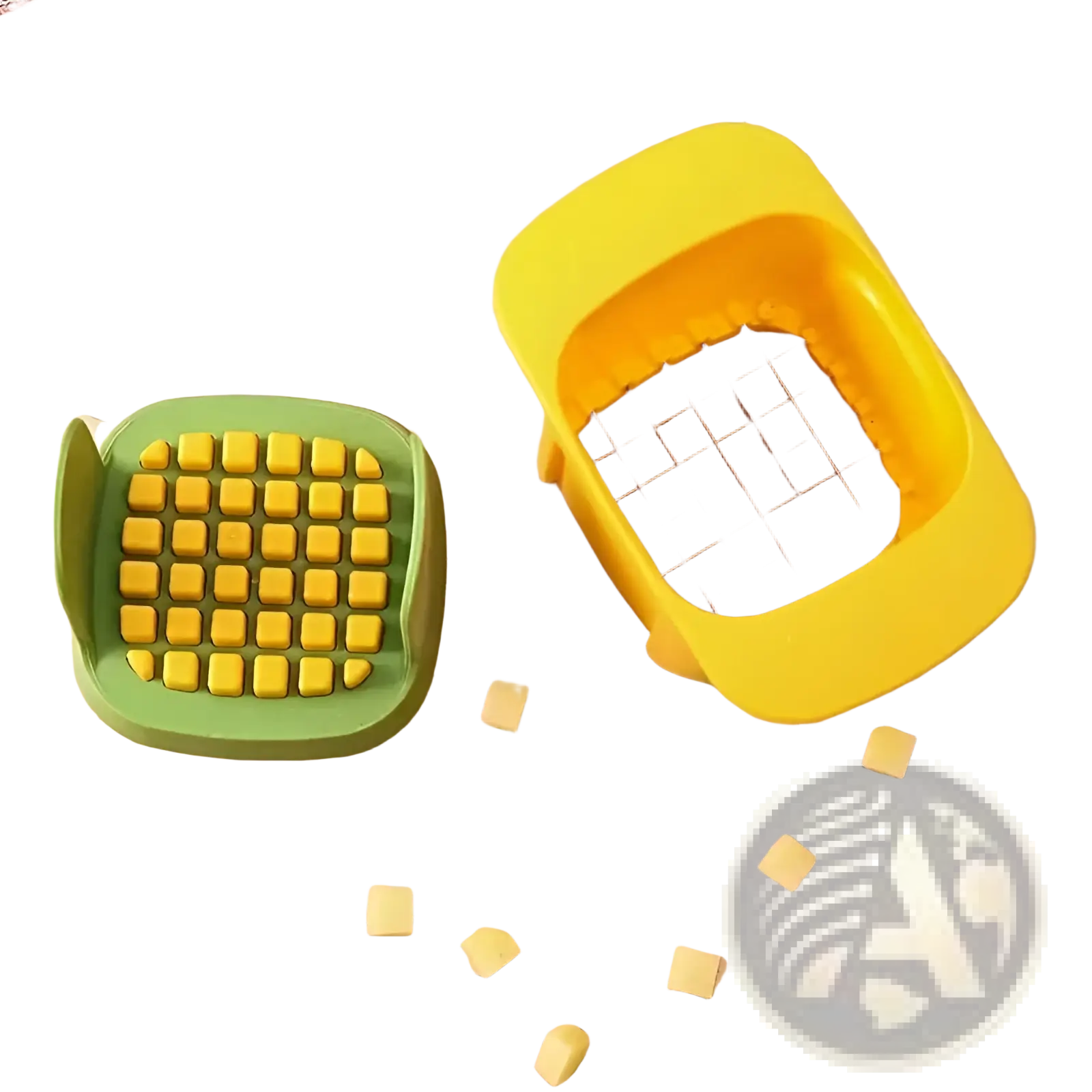 Yellow and green square vegetable chopper with metal blade grid for manual fruit slicing and dicing