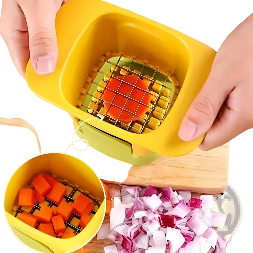 Yellow plastic vegetable chopper with metal grid and green base for cutting carrots into uniform cubes manual slicer tool
