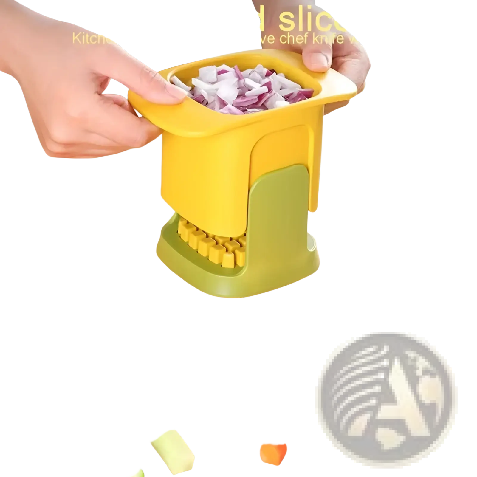 Yellow and green plastic vegetable chopper with handle for manually slicing onions carrots and cucumbers into uniform pieces