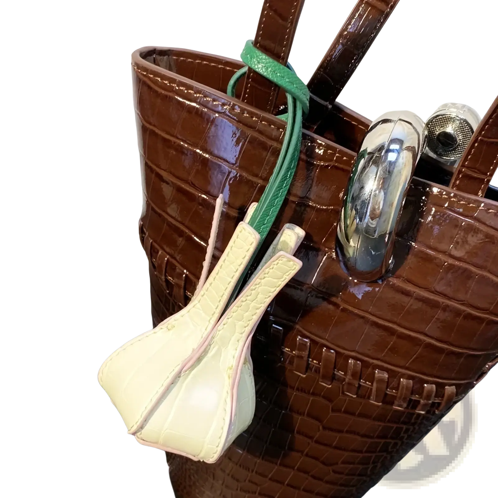 Brown crocodile-embossed patent leather bucket bag with green strap and silver hardware for designer purse ornaments
