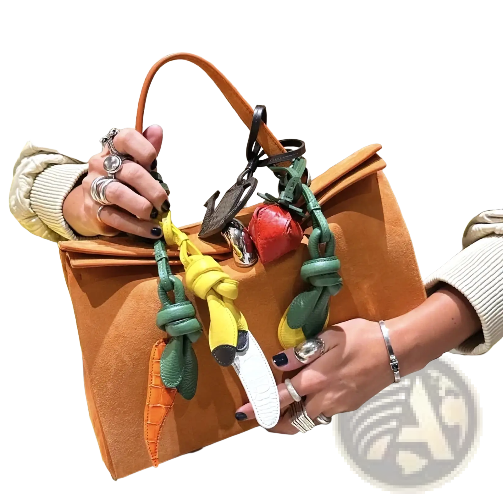 Orange suede handbag with colorful vegetable leather charms and contrasting green handle designer purse ornaments