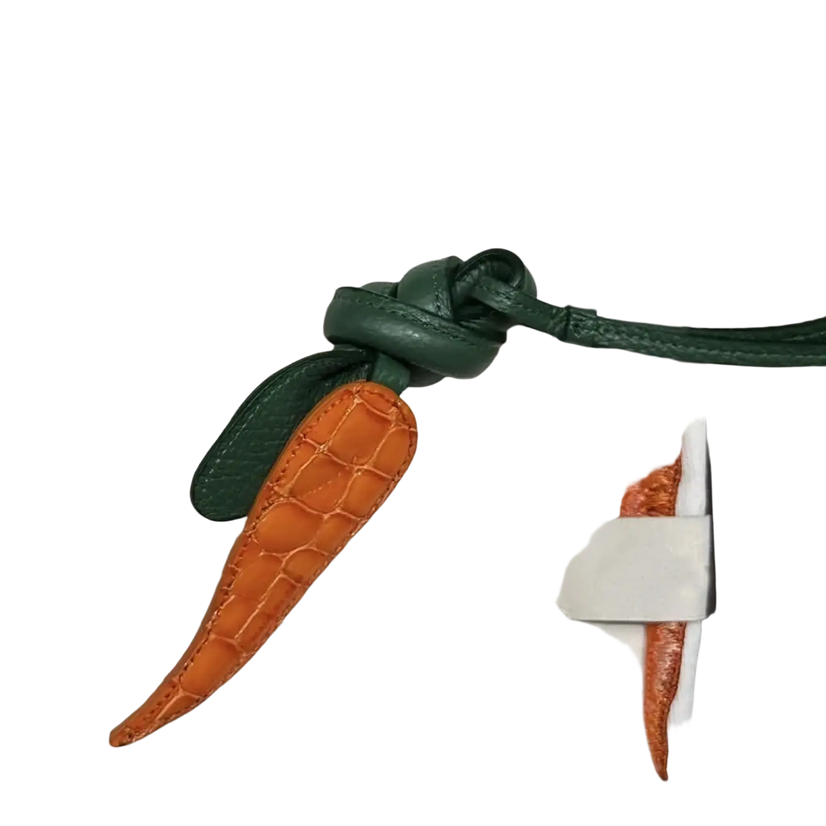 Orange crocodile leather carrot charm with green leather stem and knot for vegetable leather handbag charms