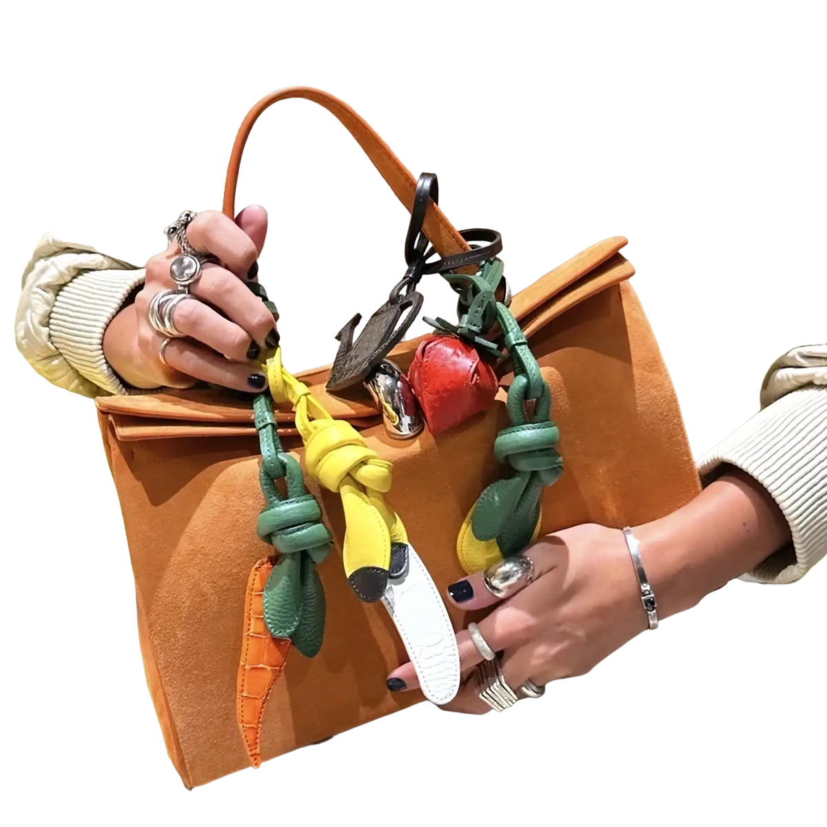 Orange suede handbag with colorful vegetable leather charms and contrasting green handle designer purse ornaments