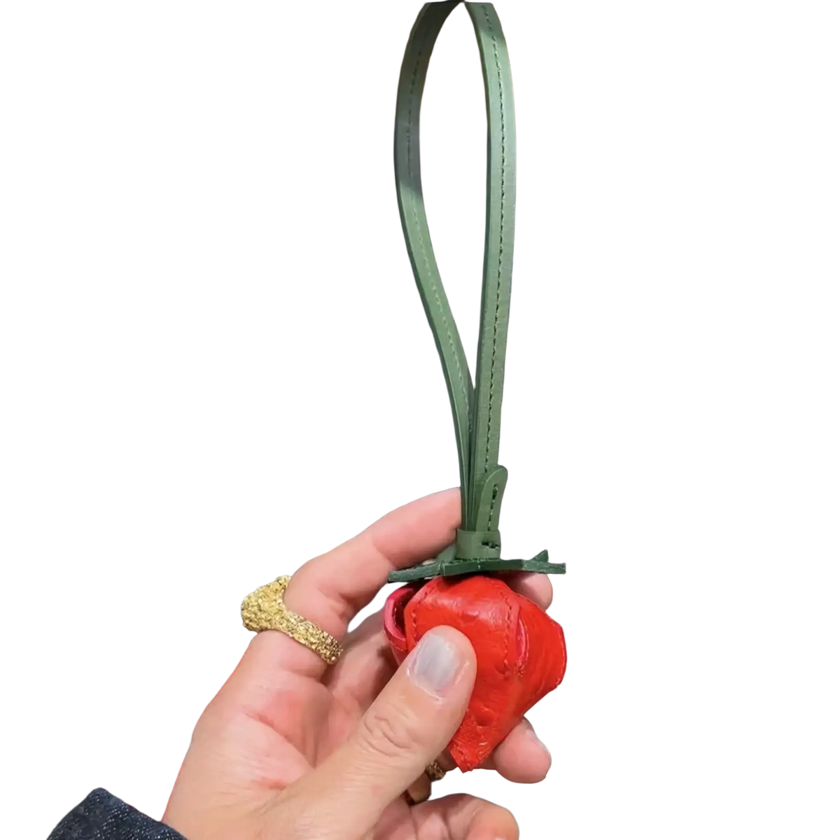 Red strawberry-shaped leather keychain with green stem and strap for vegetable leather handbag charms